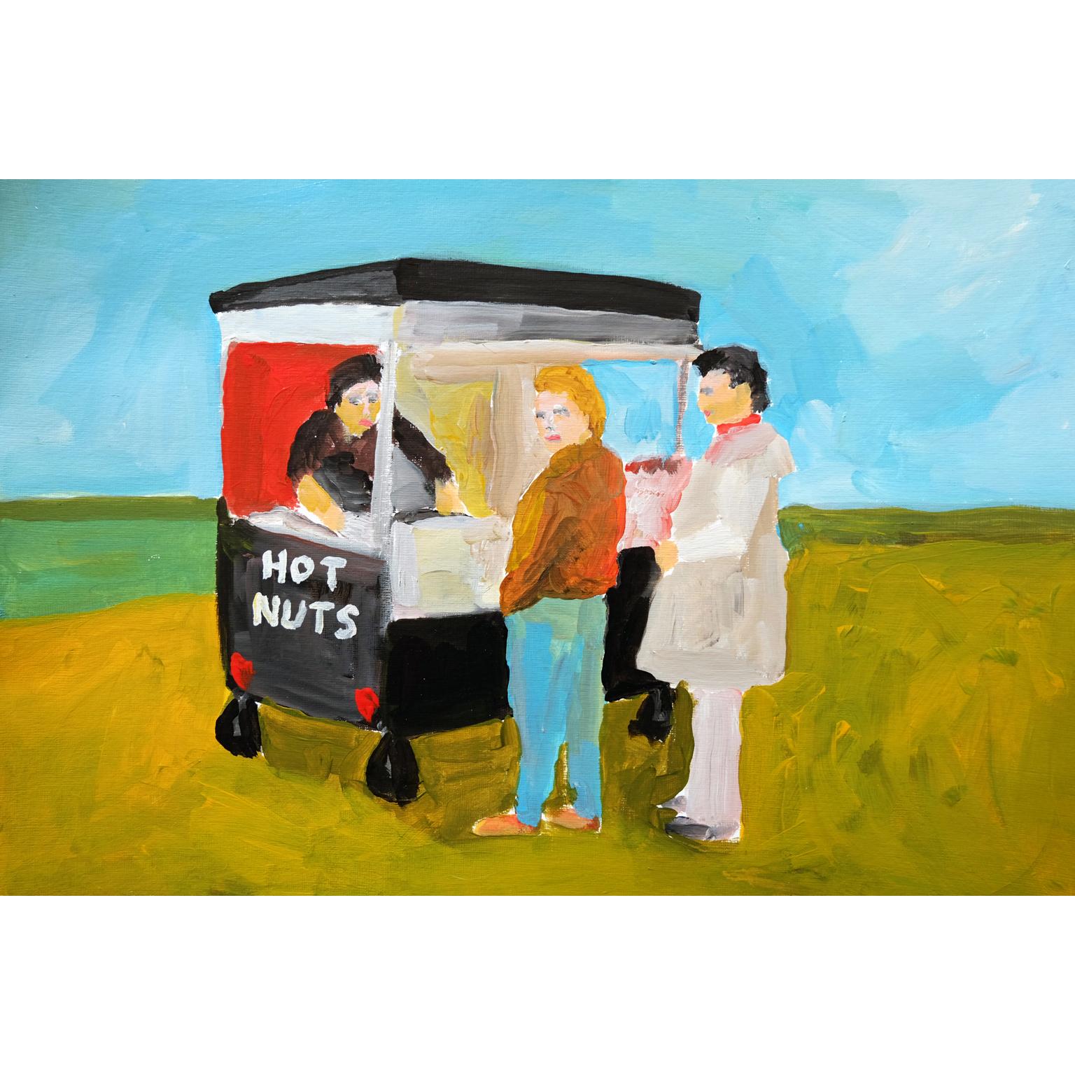 Modern 'Fresh Hot Nuts' Painting by Alan Fears Acrylic on Paper British Life For Sale