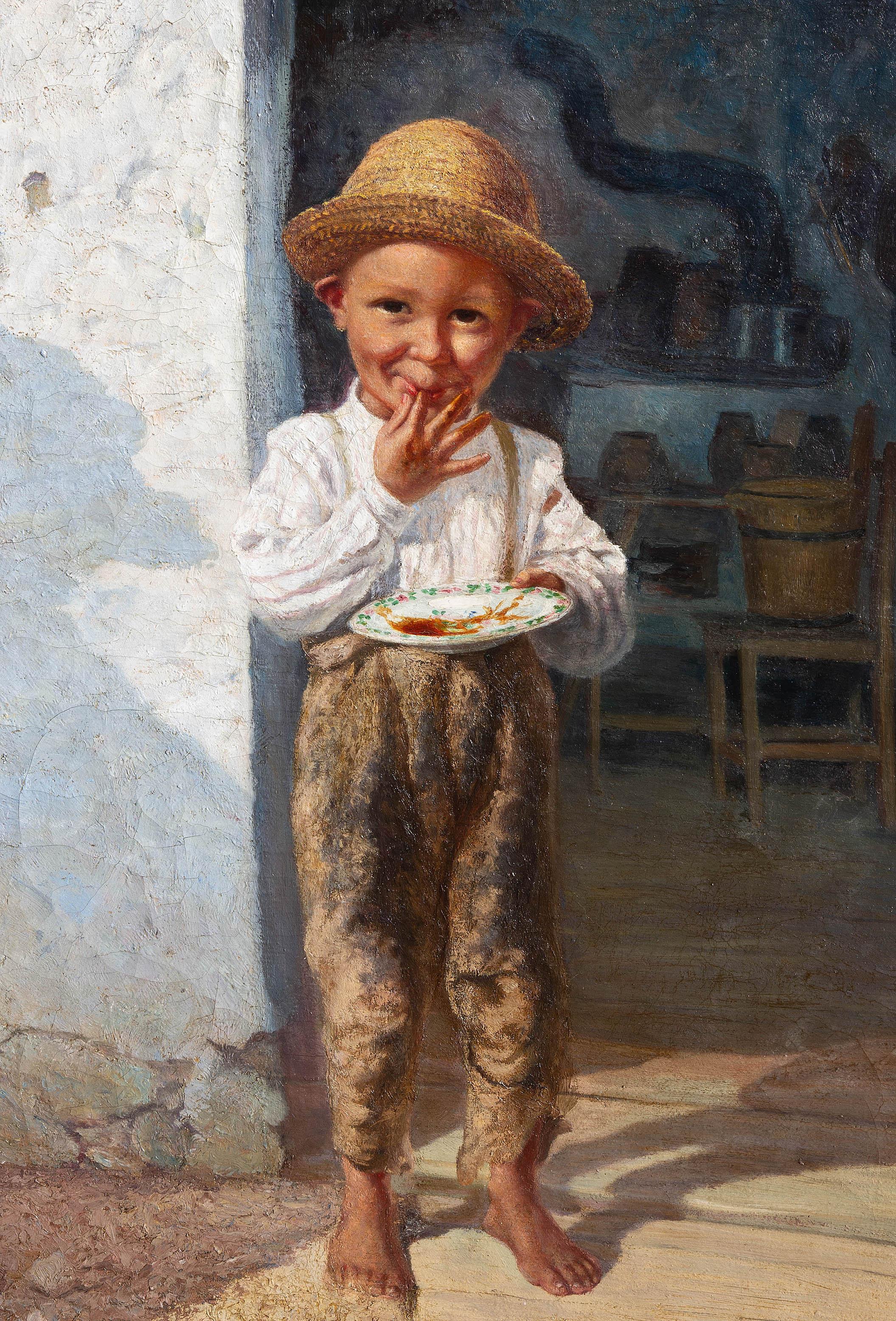 Hervorragendes Gemälde von Hans Chytra aus dem 19. Jahrhundert, das einen kleinen Jungen zeigt, der selbstgemachte Marmelade genießt. Öl auf Leinwand Hans Chitra (1869-1933) - österreichischer Künstler, Absolvent der Akademie der bildenden Künste in