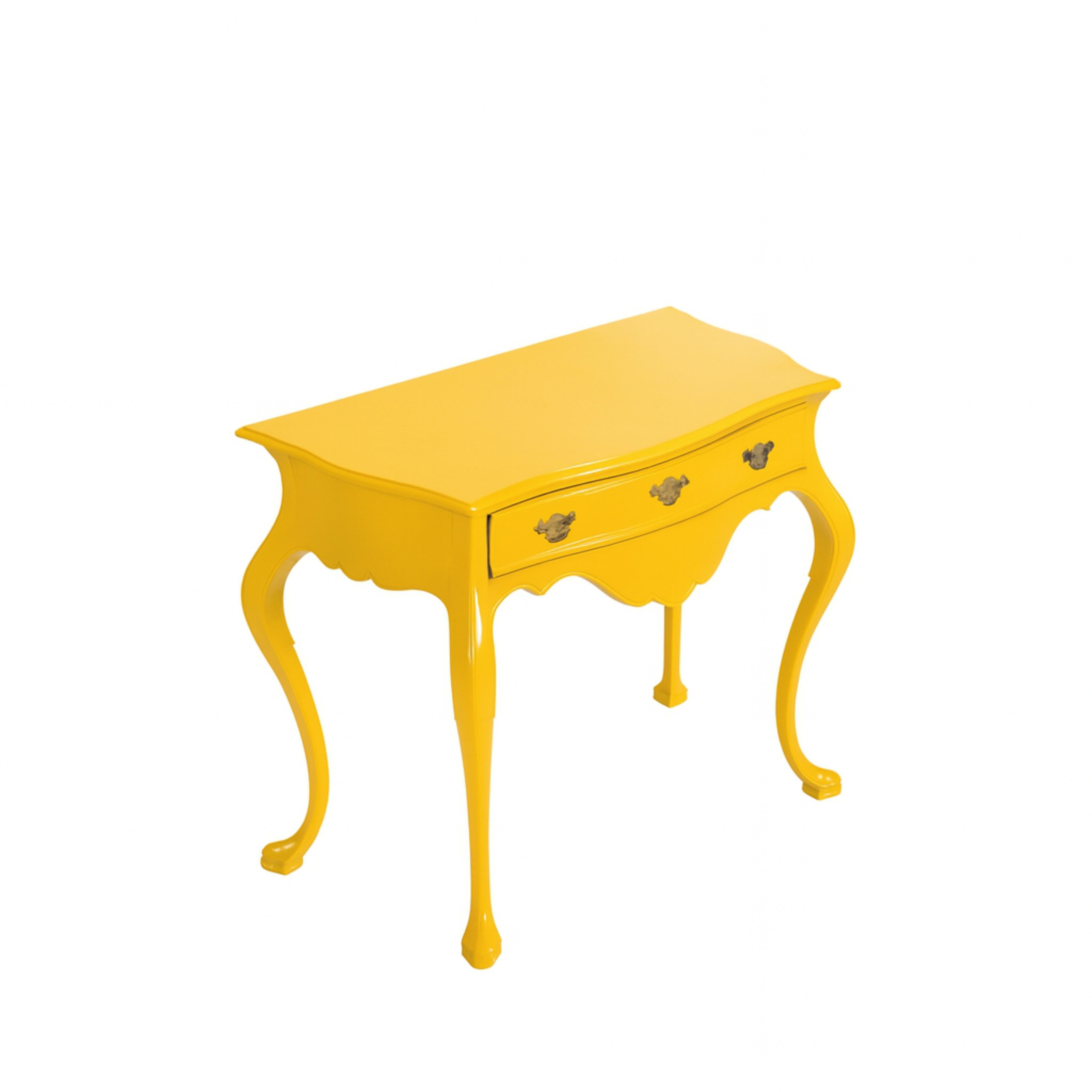 Elevate your space with this high-end portuguese Baroque-style wood table commode, now reimagined in sleek refinished in fresh mostard color (hex code #FFDB58 reference) by expert artisans. Featuring a single drawer with a cut-out top that follows