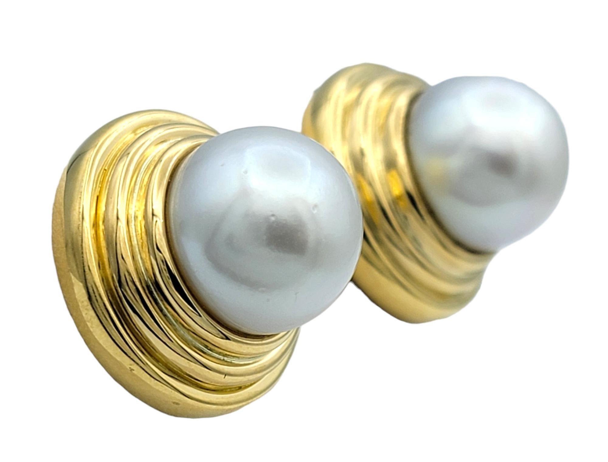 Contemporary Fresh Water Baroque Pearl Large Dimensional Stud Earrings 18 Karat Yellow Gold For Sale
