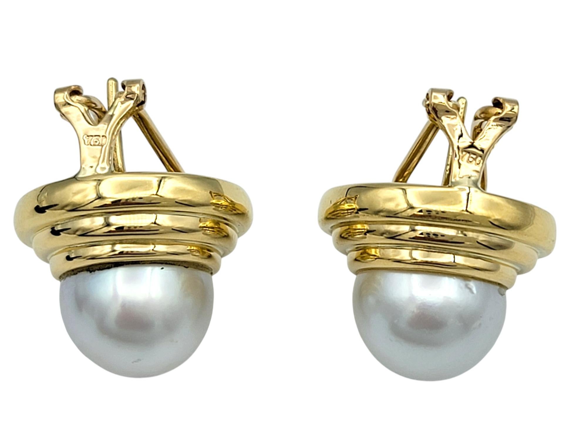 Round Cut Fresh Water Baroque Pearl Large Dimensional Stud Earrings 18 Karat Yellow Gold For Sale