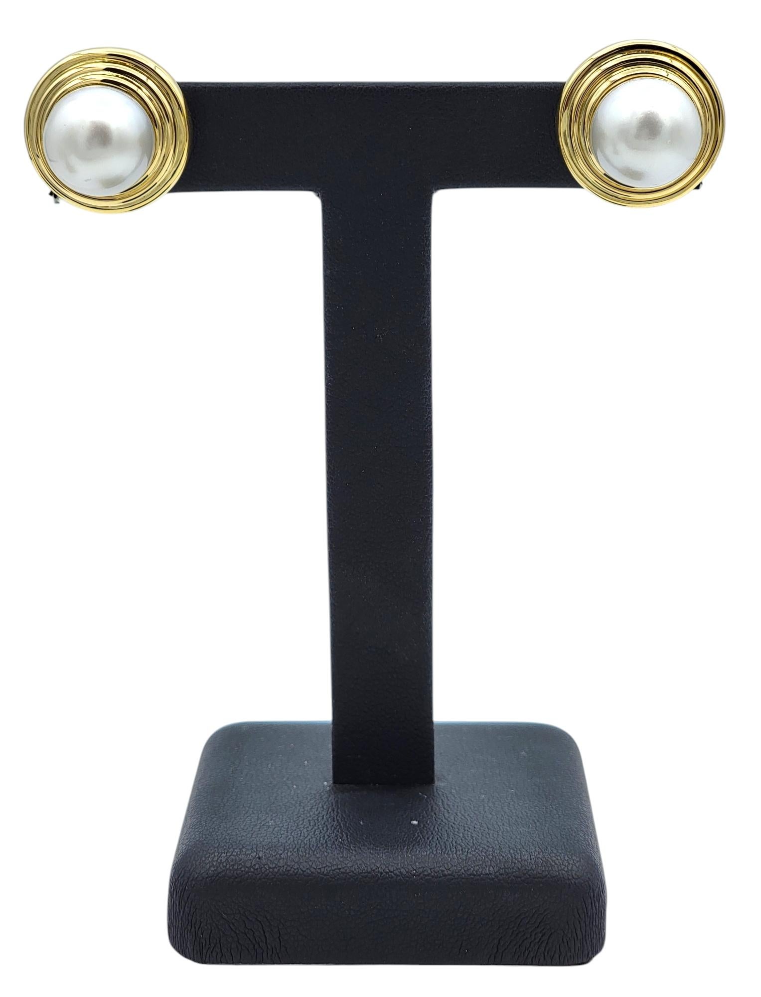 Fresh Water Baroque Pearl Large Dimensional Stud Earrings 18 Karat Yellow Gold For Sale 2