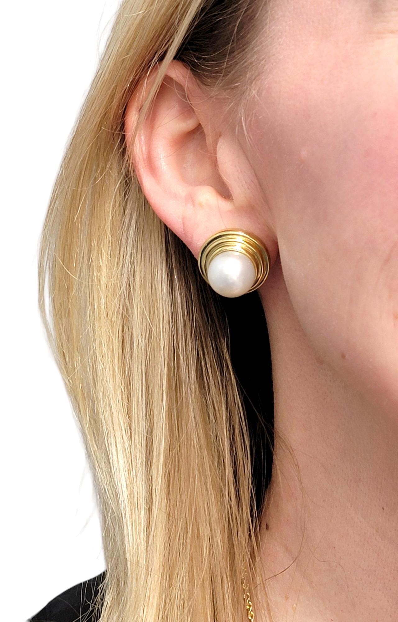 Fresh Water Baroque Pearl Large Dimensional Stud Earrings 18 Karat Yellow Gold For Sale 3