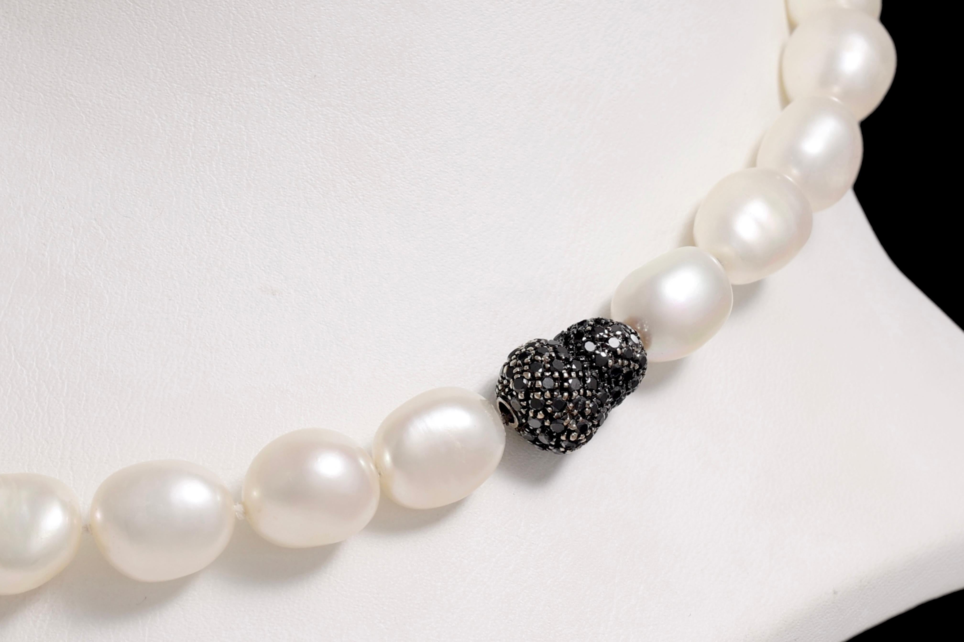 Women's or Men's Fresh Water Baroque Pearl Necklace With Gold Lock Set With 1.5ct Black Diamonds For Sale