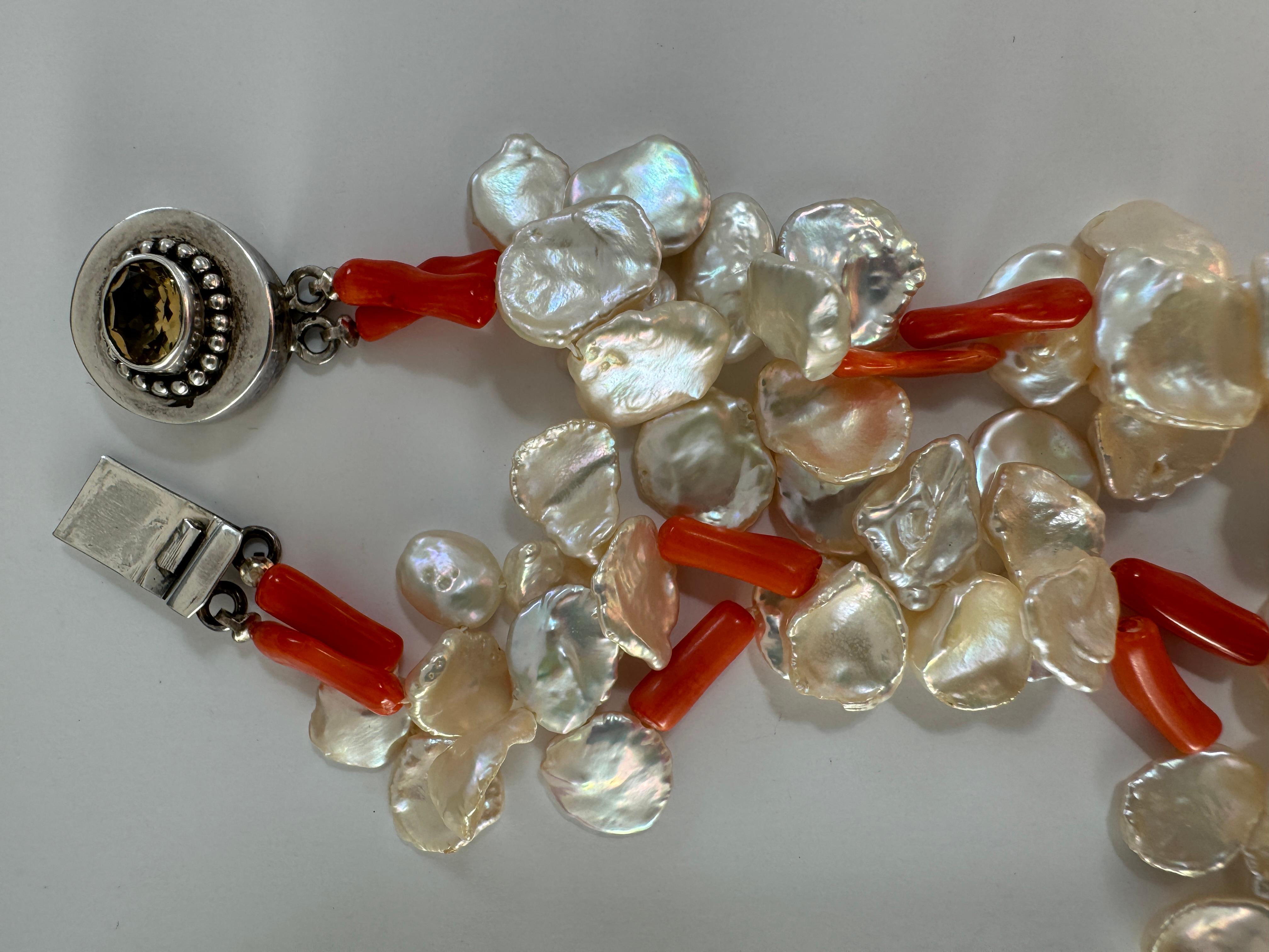 Oval Cut Freshwater Keshi Pearl Coral Two Strand Necklace For Sale