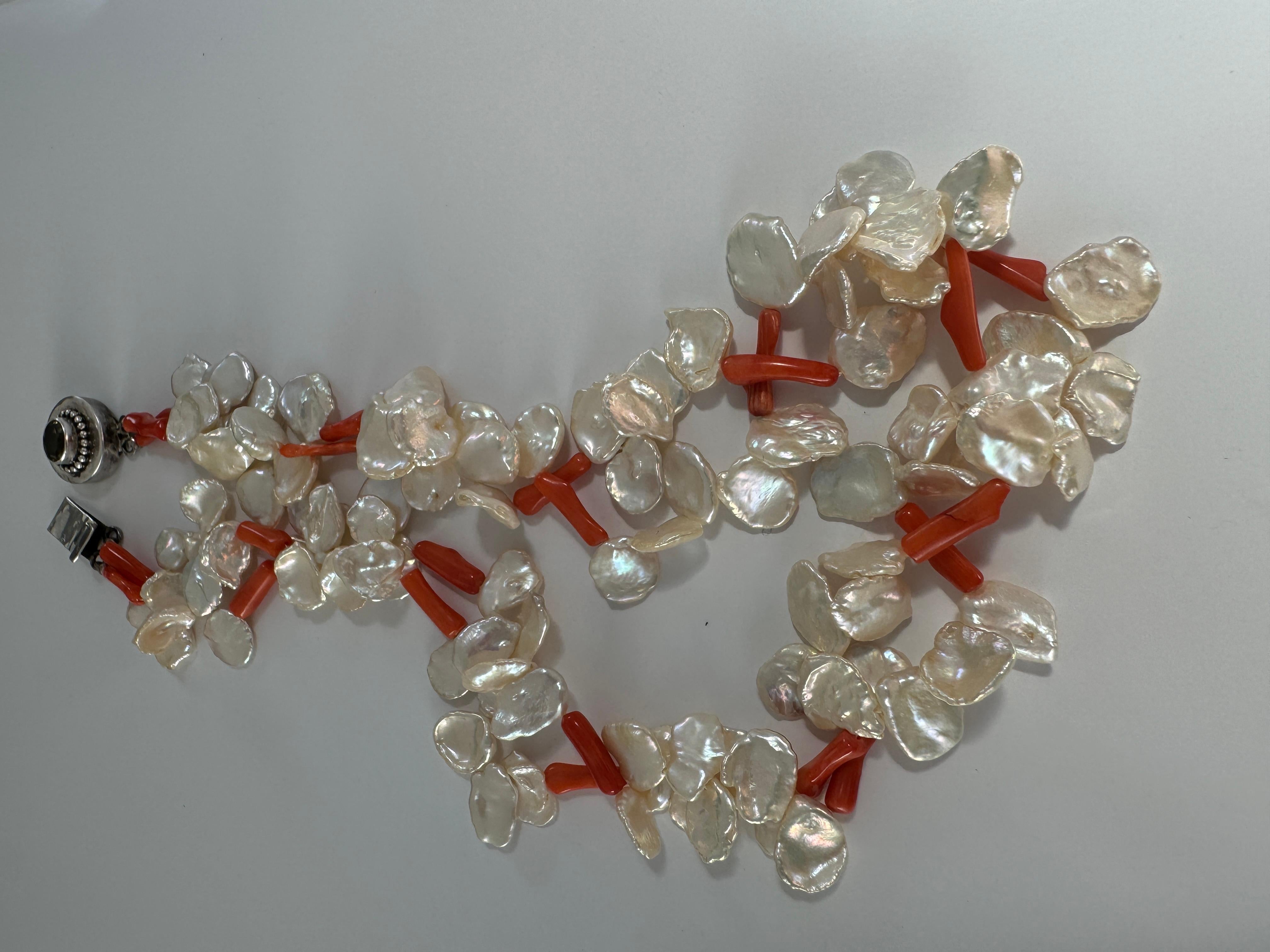 Freshwater Keshi Pearl Coral Two Strand Necklace In New Condition For Sale In Lake Worth, FL