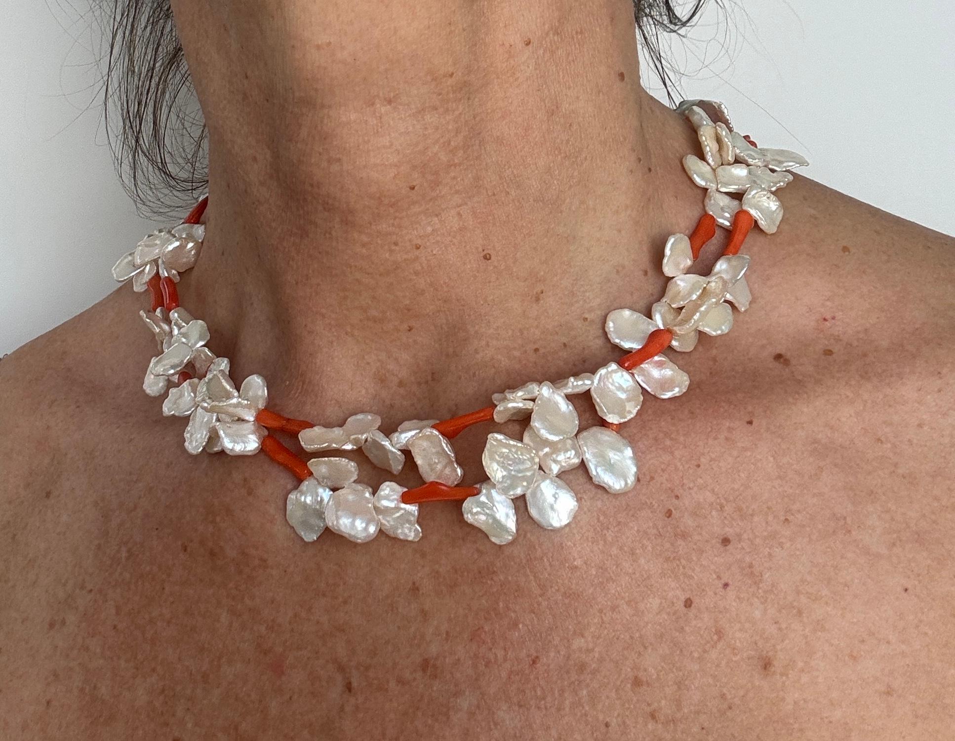 Women's Freshwater Keshi Pearl Coral Two Strand Necklace For Sale