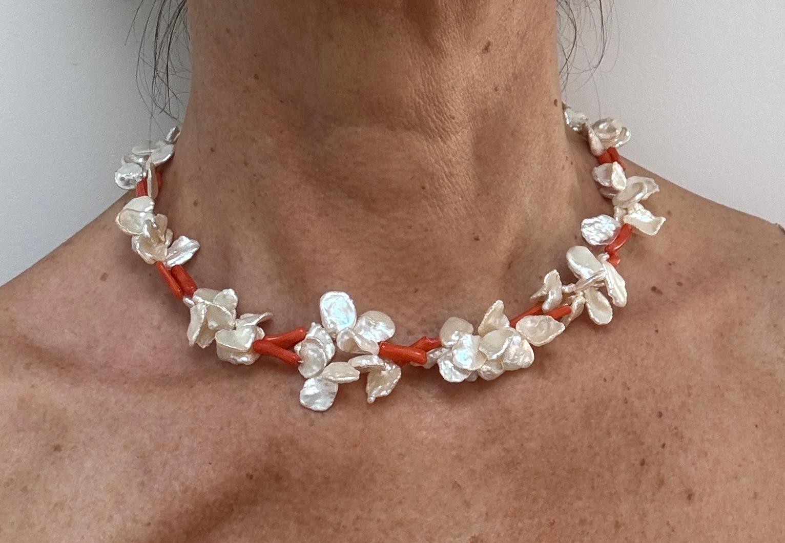 Freshwater Keshi Pearl Coral Two Strand Necklace For Sale 1