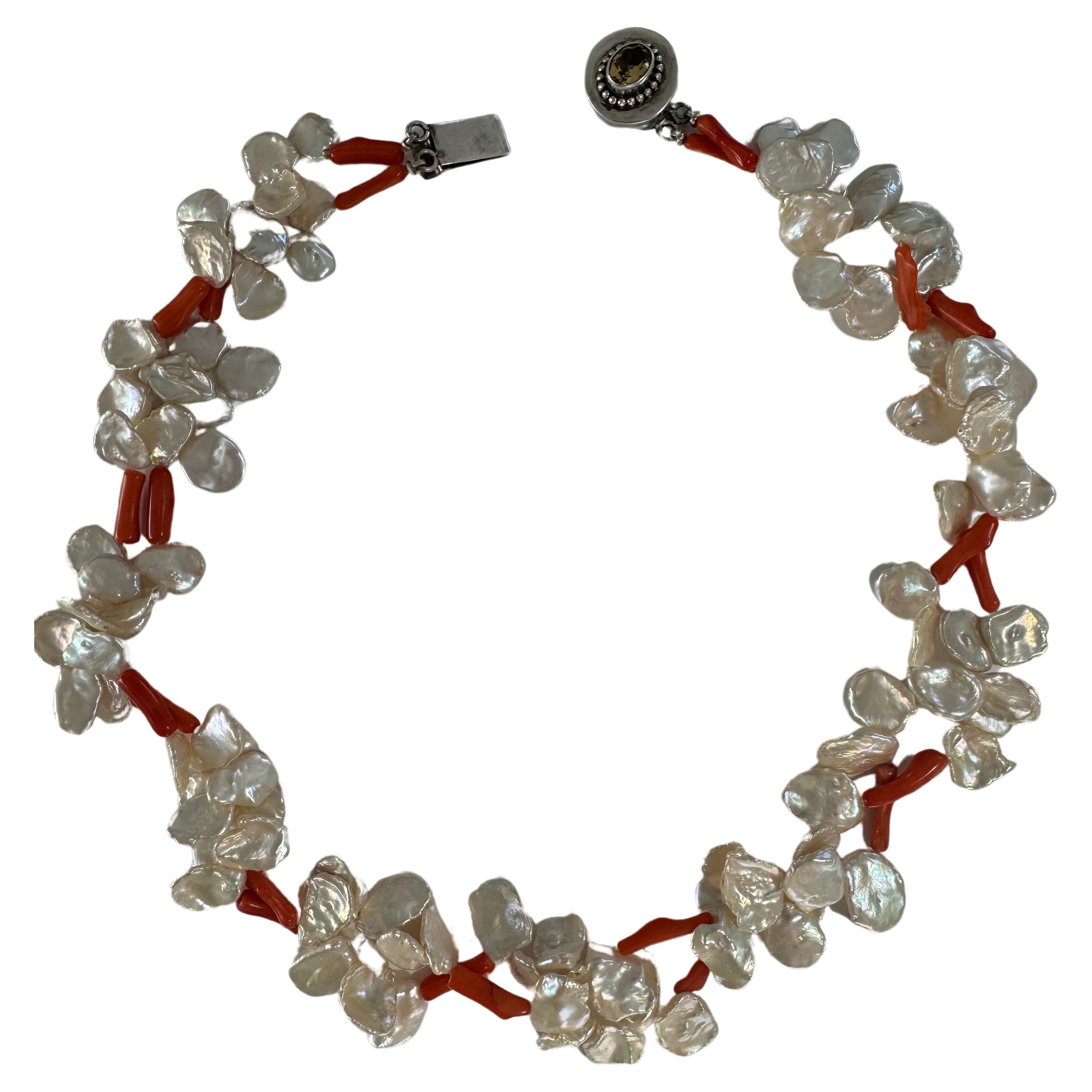 Artist Freshwater Keshi Pearl Coral Two Strand Necklace For Sale