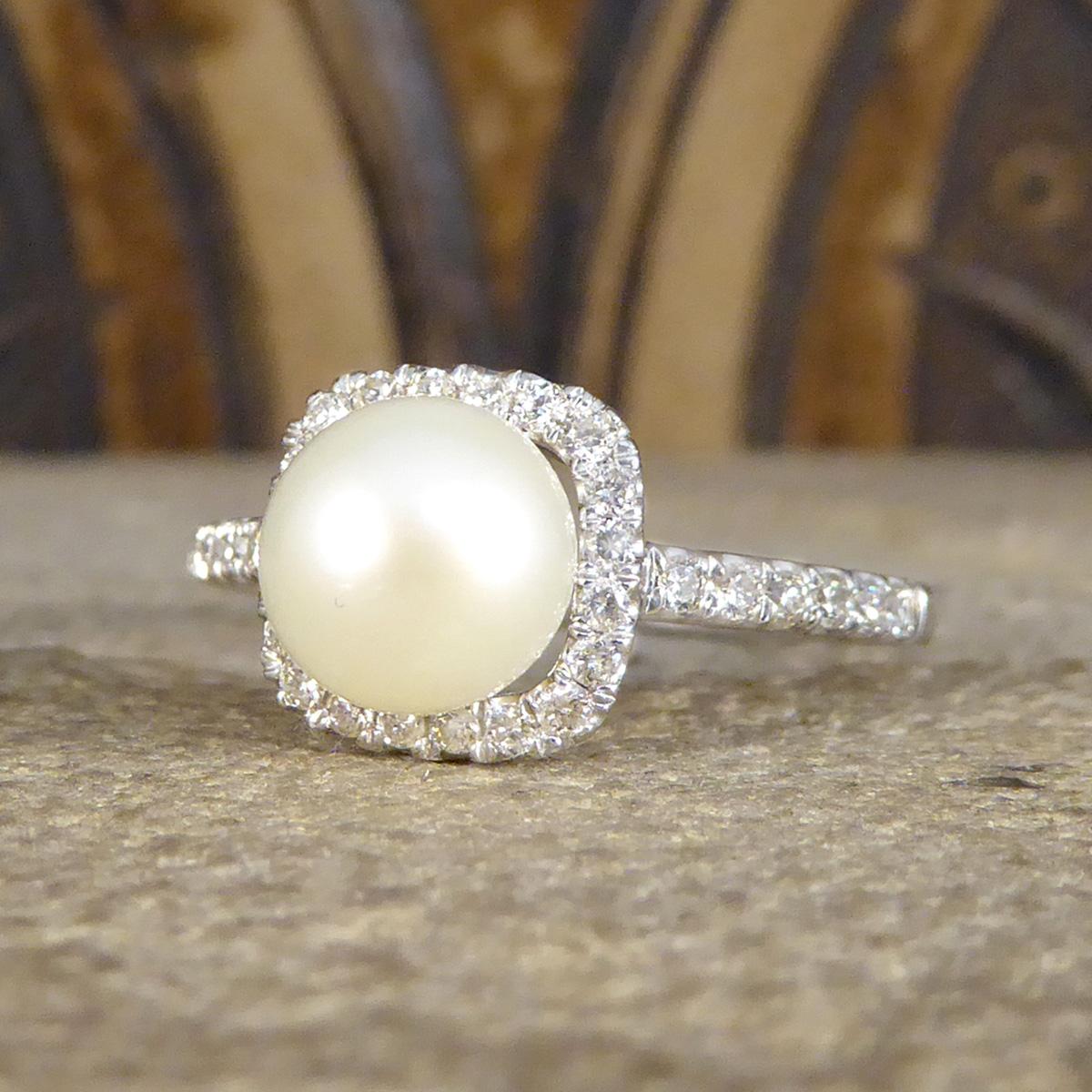 Round Cut Fresh Water Culture Pearl and Diamond Square Halo Ring in White Gold For Sale