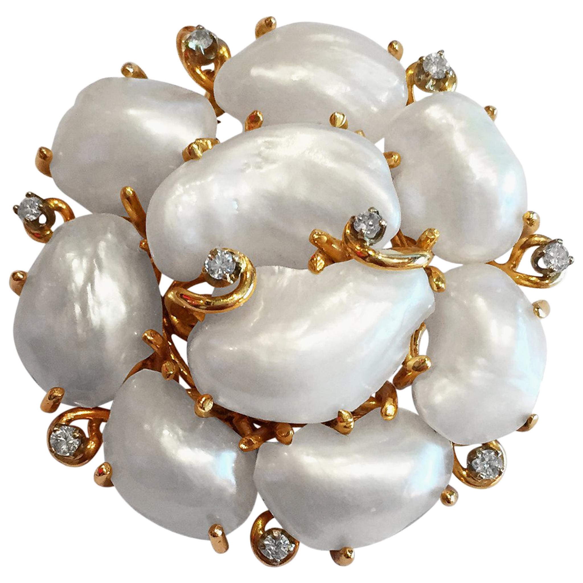 Fresh Water Cultured Pearl and Diamond Brooch and Pendant For Sale