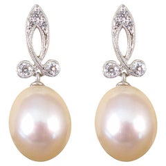 Fresh Water Cultured Pearl and Diamond Drop Earrings in 18ct White Gold