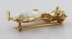 Fresh Water Cultured Pearl, Emerald, Diamond, 14k Yellow Gold Duck Brooch