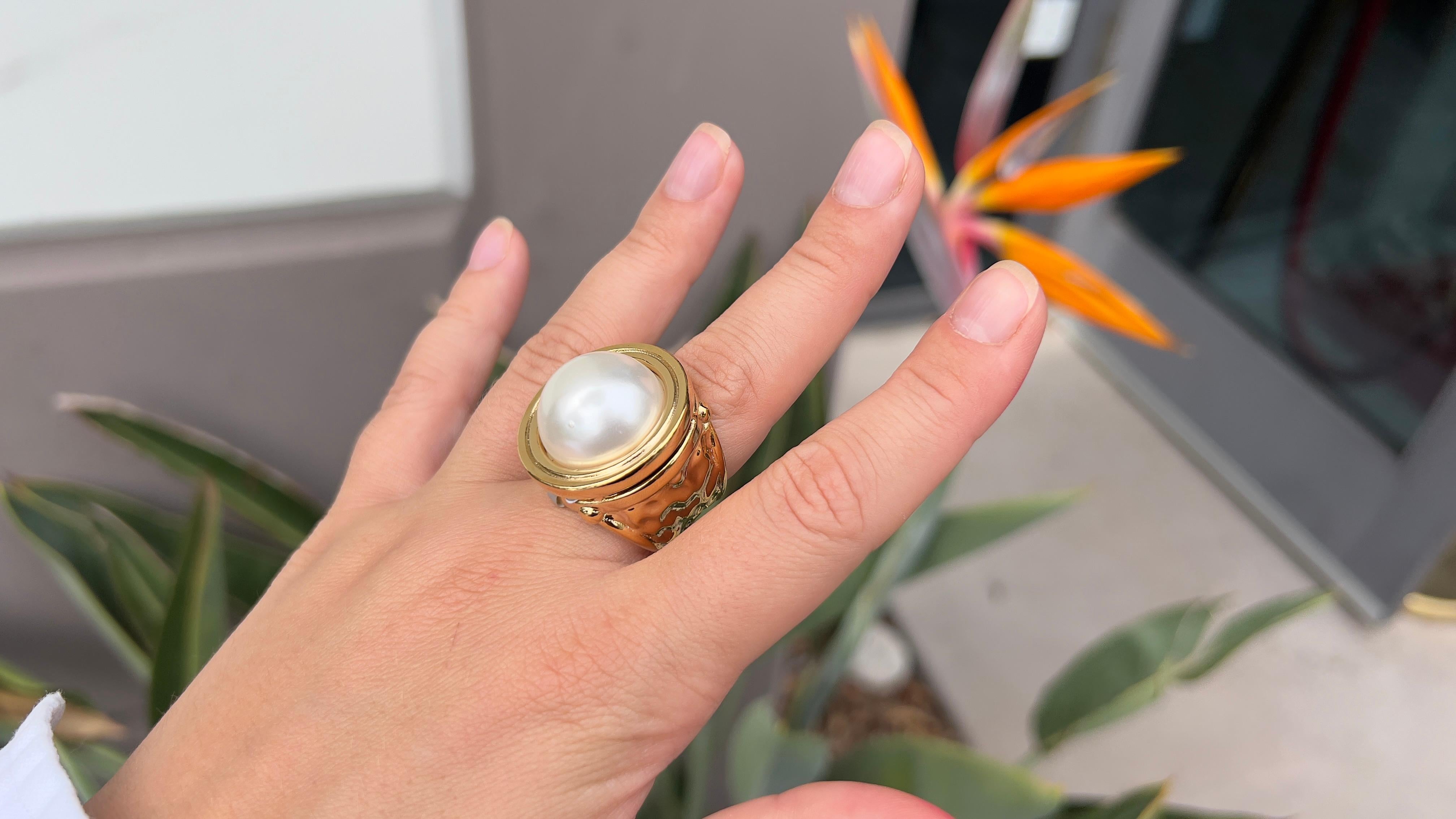 Fresh Water Pearl 18K Gold Plated Ring Italian Made For Sale 2