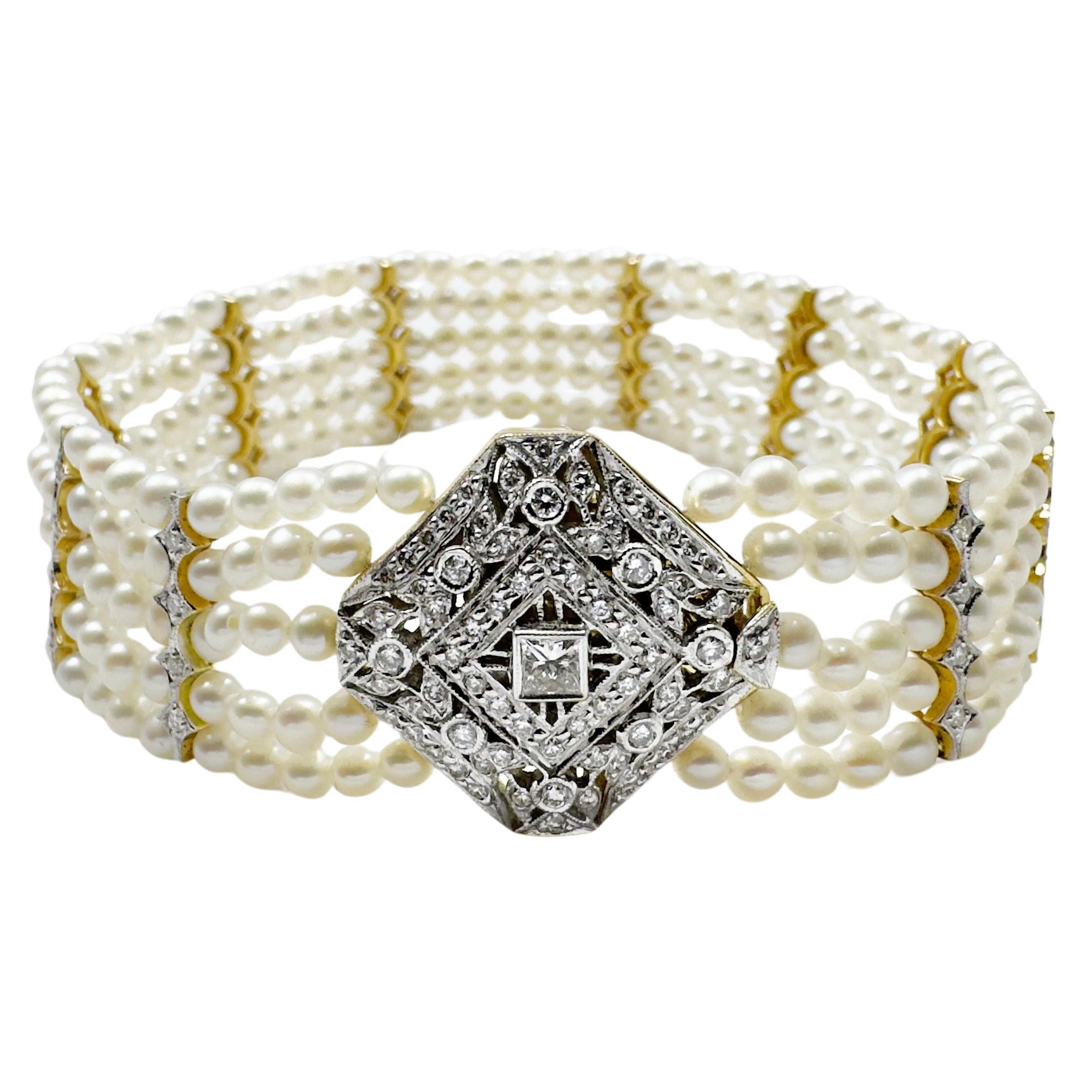 Fresh Water Pearl and Diamond Bracelet set in 18K Gold Settings For Sale