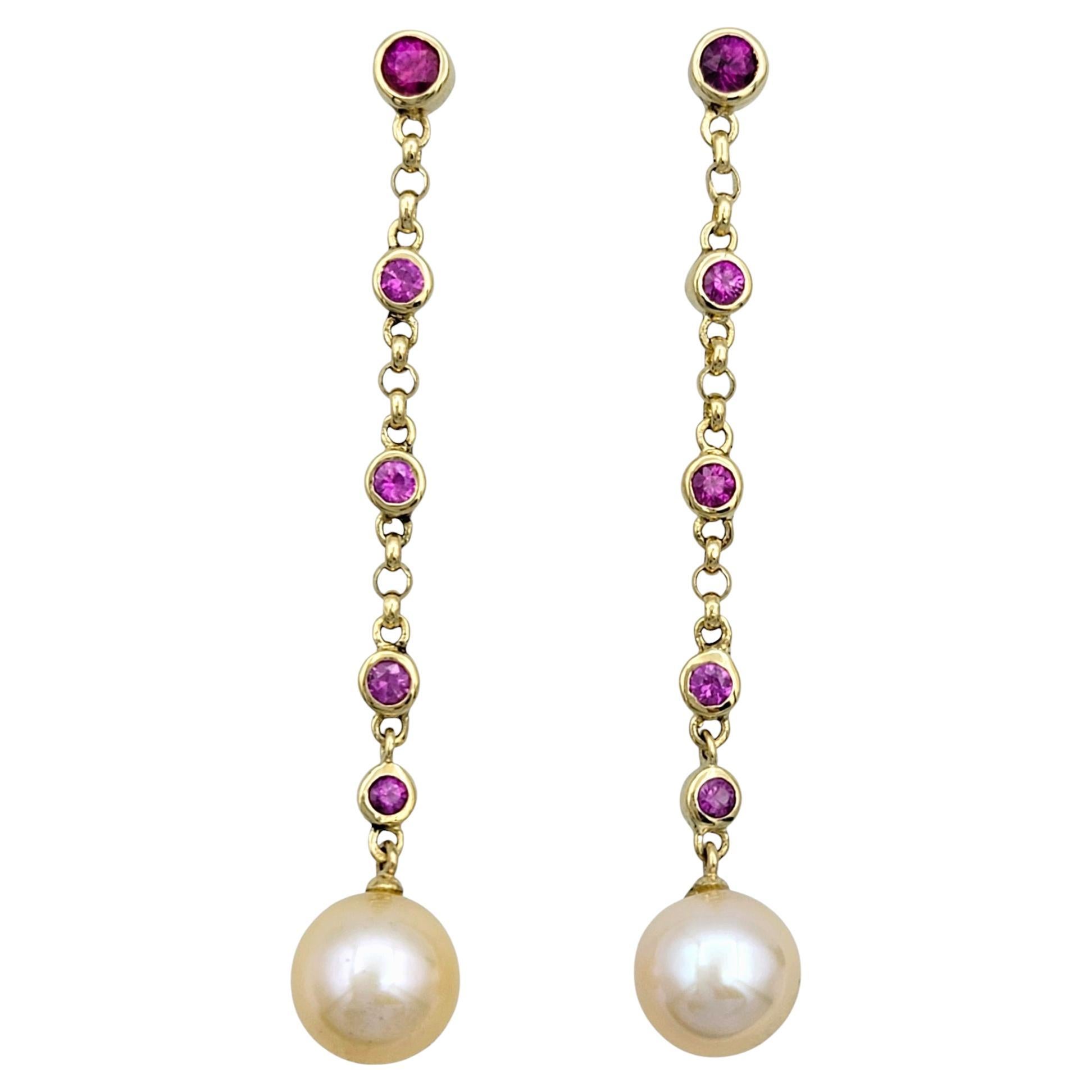 Fresh Water Pearl and Pink Sapphire Dangle Drop Earrings in 14 Karat Yellow Gold