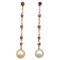 Fresh Water Pearl and Pink Sapphire Dangle Drop Earrings in 14 Karat Yellow Gold