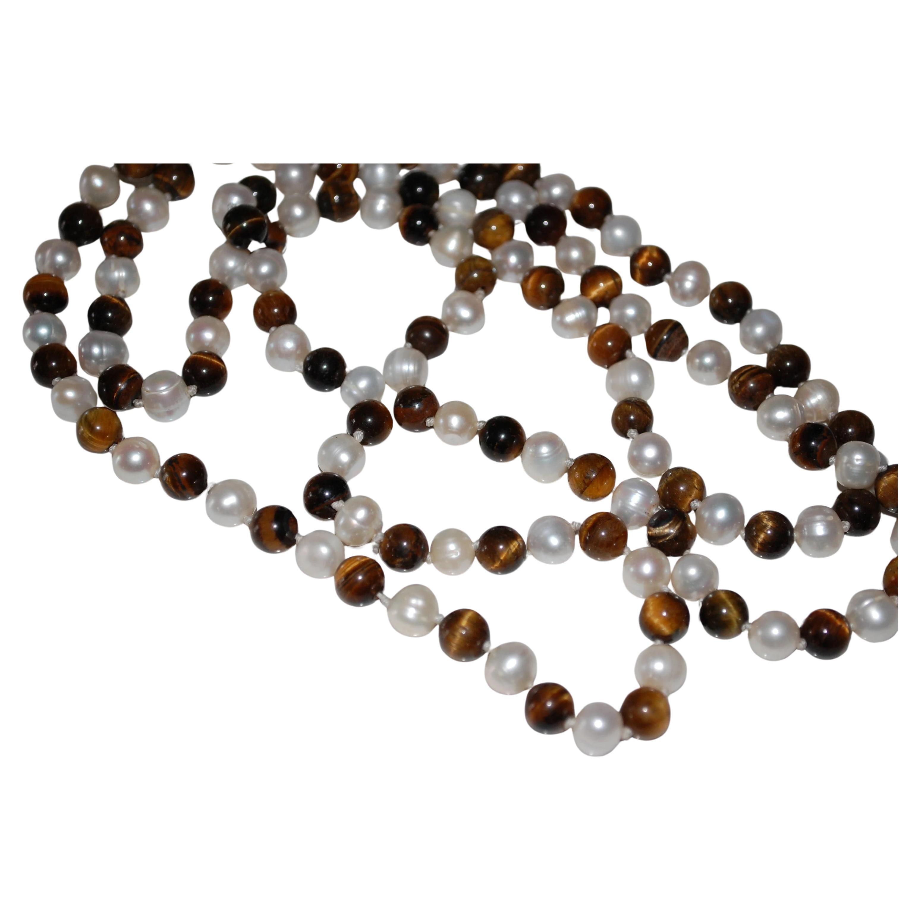 Collana lunga di perle d'acqua dolce e perline occhio di tigre In condizioni ottime in vendita a Lake Worth, FL