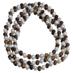 Collana lunga di perle d'acqua dolce e perline occhio di tigre