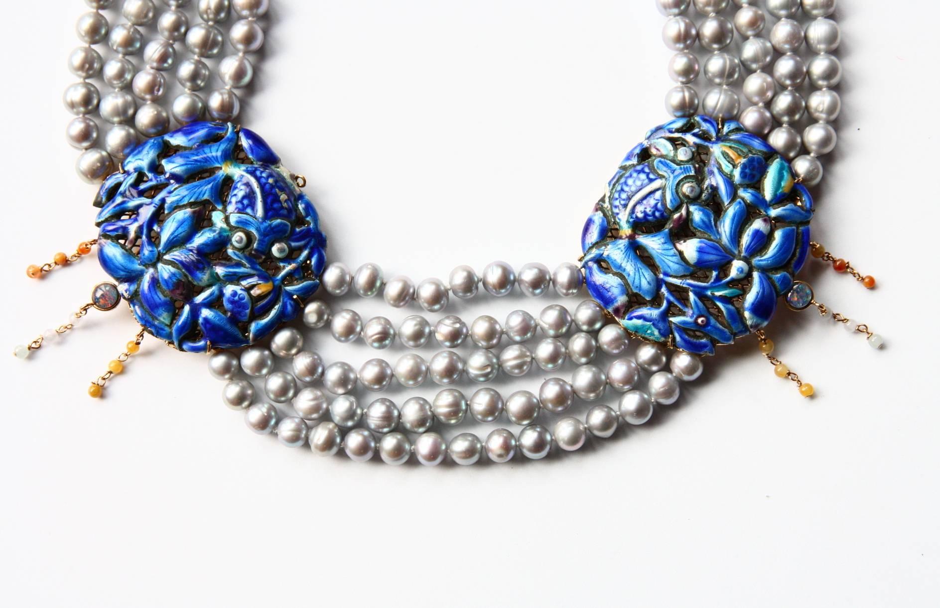 Süßwasserperlen Antiquitäten 9 Karat Gold Cinese Emaille Plakette Halskette (Perle) im Angebot