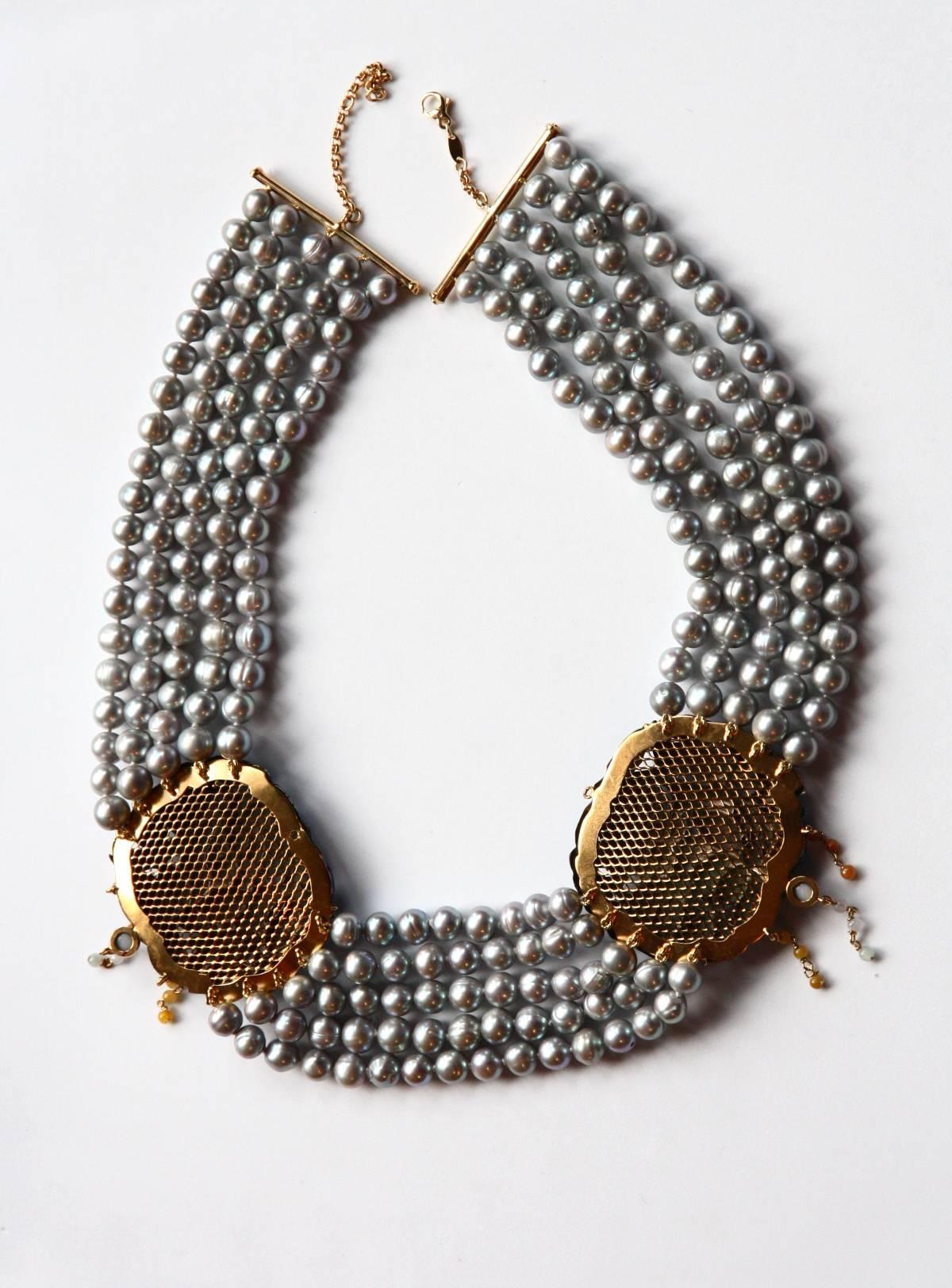 Süßwasserperlen Antiquitäten 9 Karat Gold Cinese Emaille Plakette Halskette für Damen oder Herren im Angebot