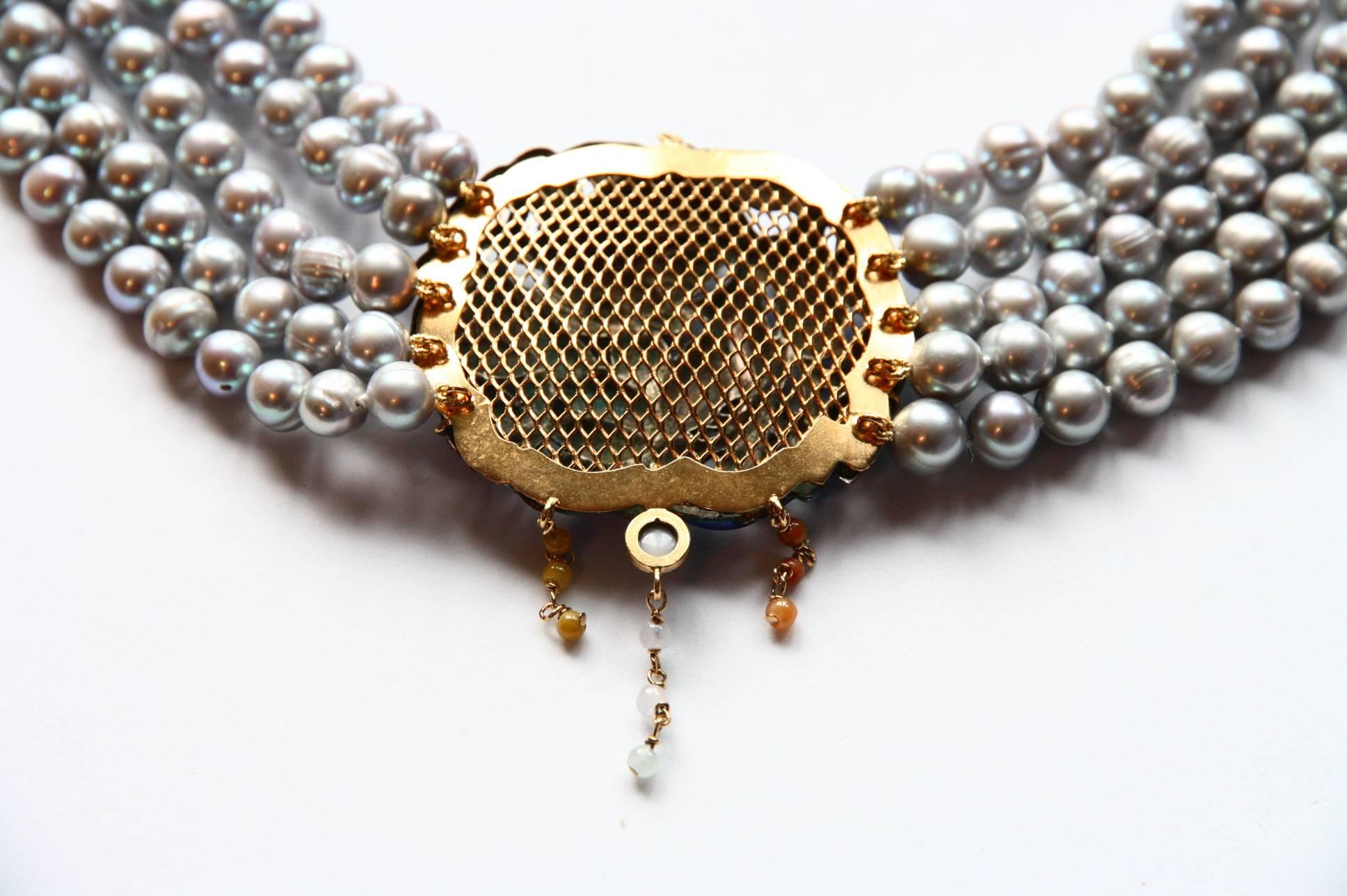 Fresh Water Pearl Antiques 9 Karat Gold Cinese Enamel Plaque Necklace In New Condition For Sale In Milan, IT