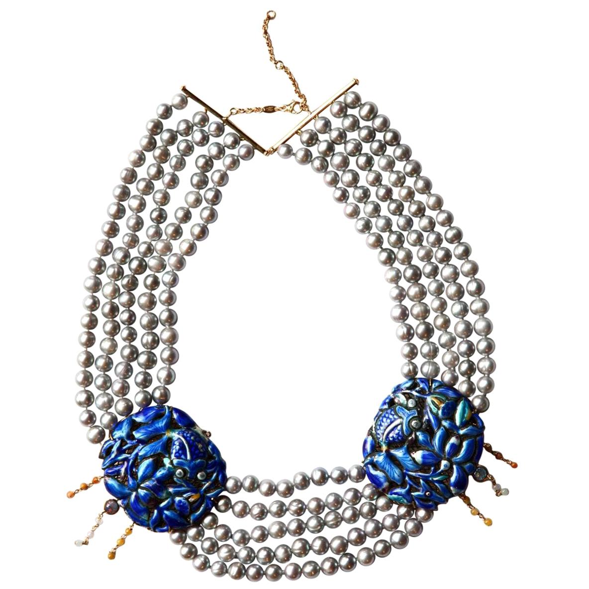 Fresh Water Pearl Antiques 9 Karat Gold Cinese Enamel Plaque Necklace For Sale