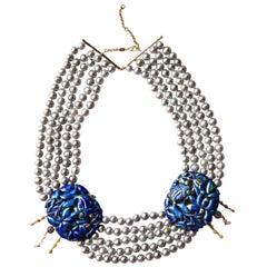Fresh Water Pearl Antiques 9 Karat Gold Cinese Enamel Plaque Necklace