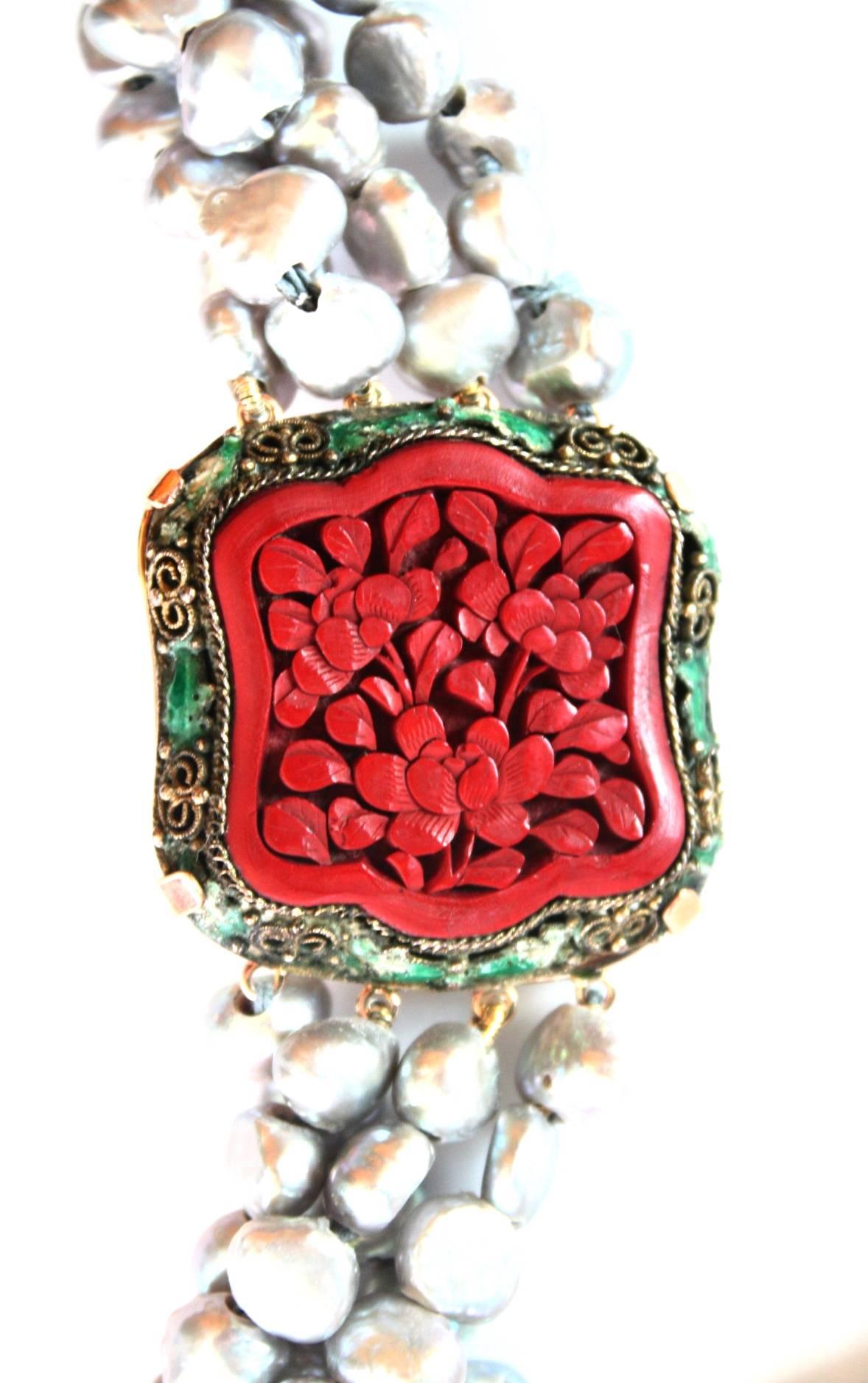 Women's or Men's Fresh Water Pearl Antiques Chinese Filigrane Lacquer Gold