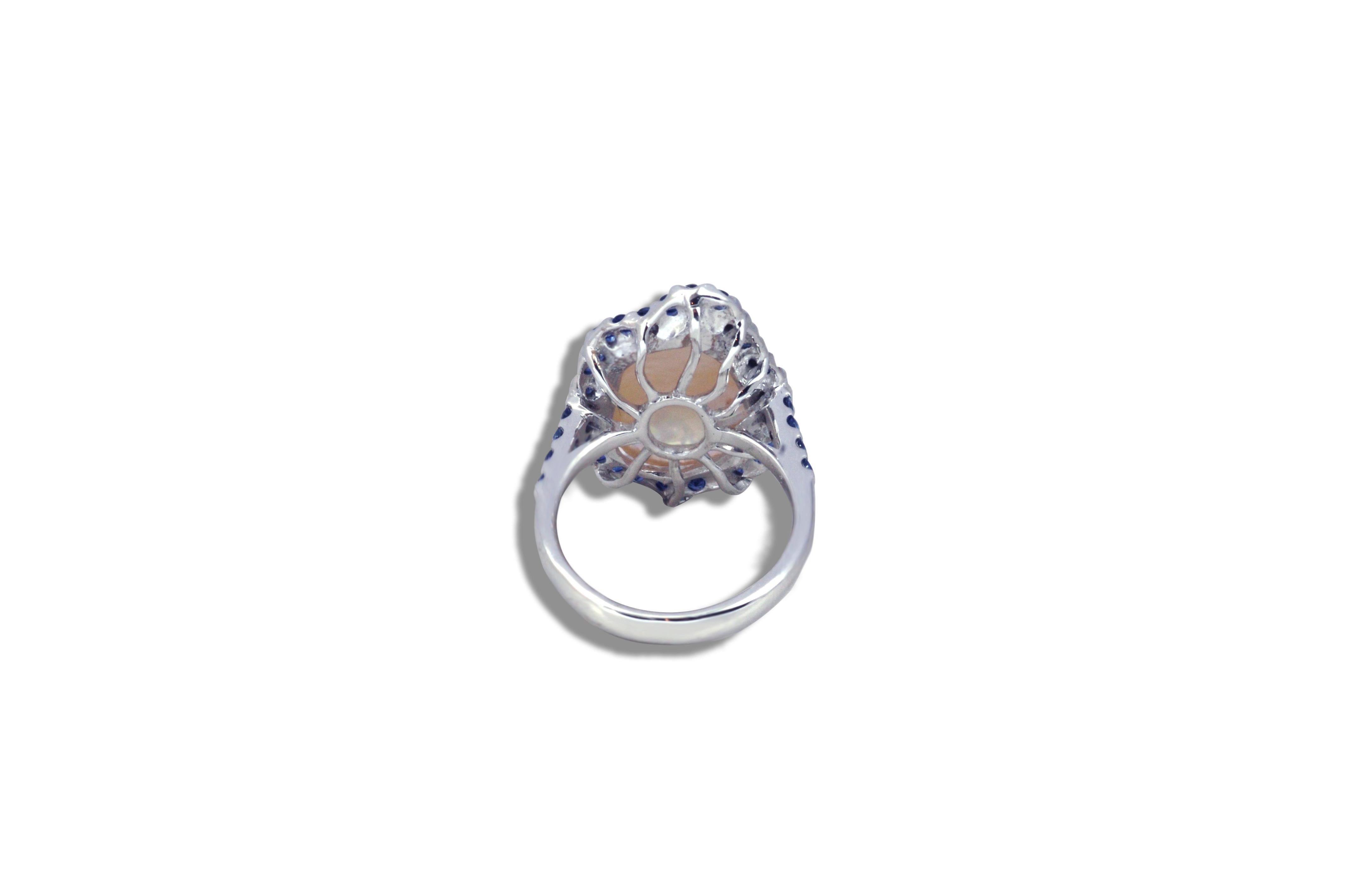 Uncut Fresh Water Pearl, Blue Sapphire 1.03 Carat Ring in 18 Karat White Gold Settings For Sale