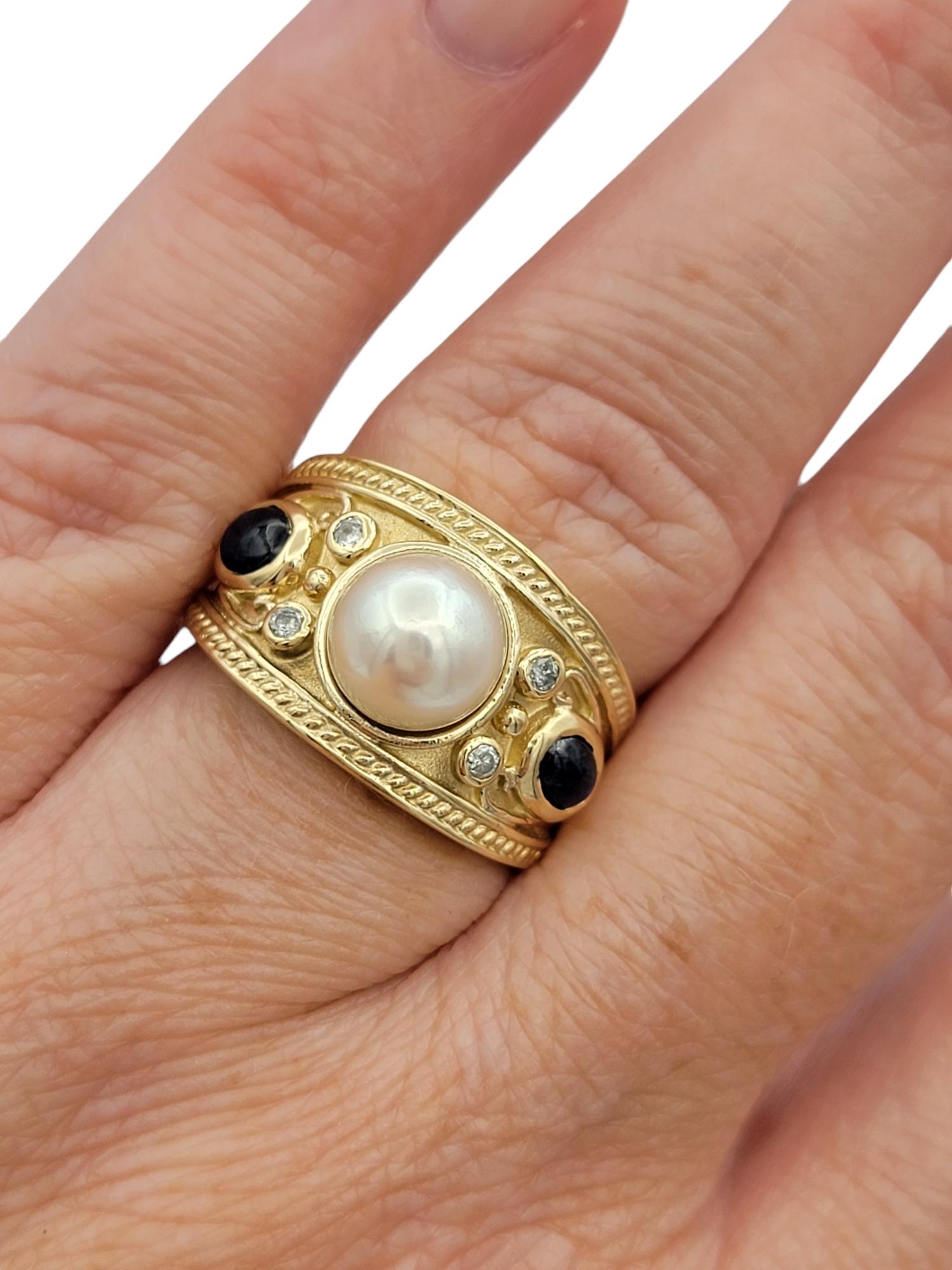 Bague en or 14 carats avec perles d'eau douce, saphirs bleus et diamants à grains multiples en vente 5