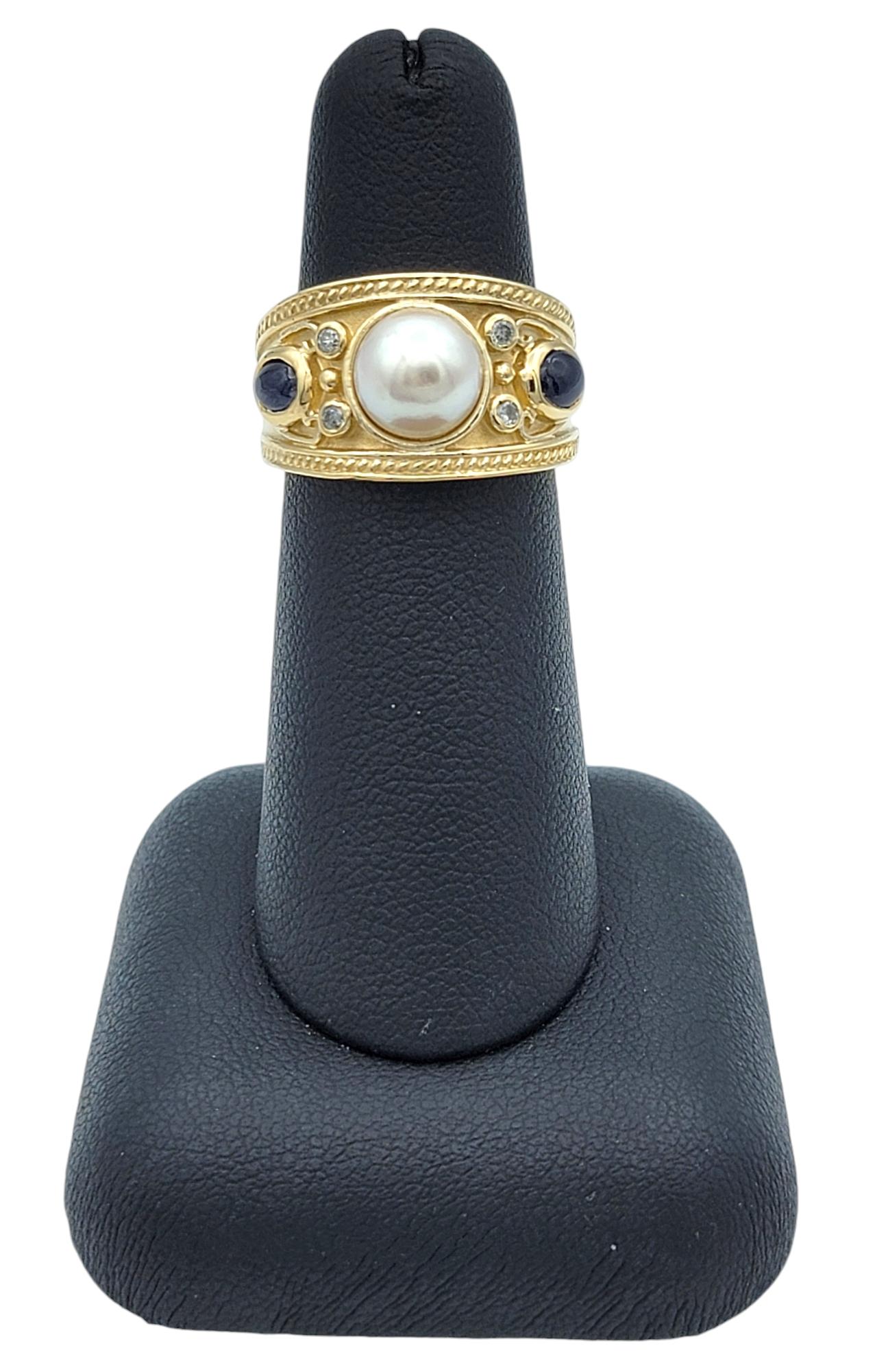 Bague en or 14 carats avec perles d'eau douce, saphirs bleus et diamants à grains multiples en vente 6