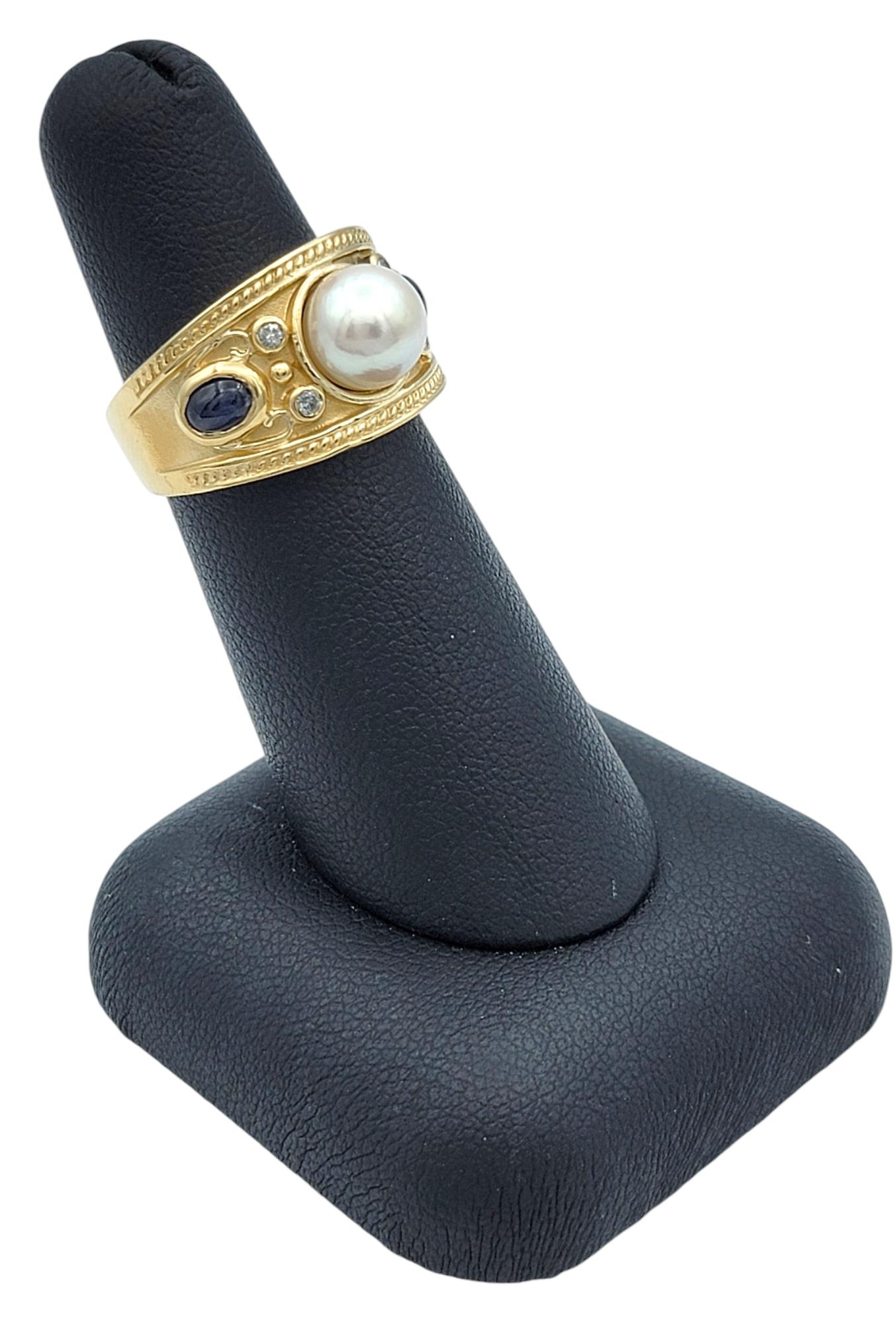 Bague en or 14 carats avec perles d'eau douce, saphirs bleus et diamants à grains multiples en vente 7