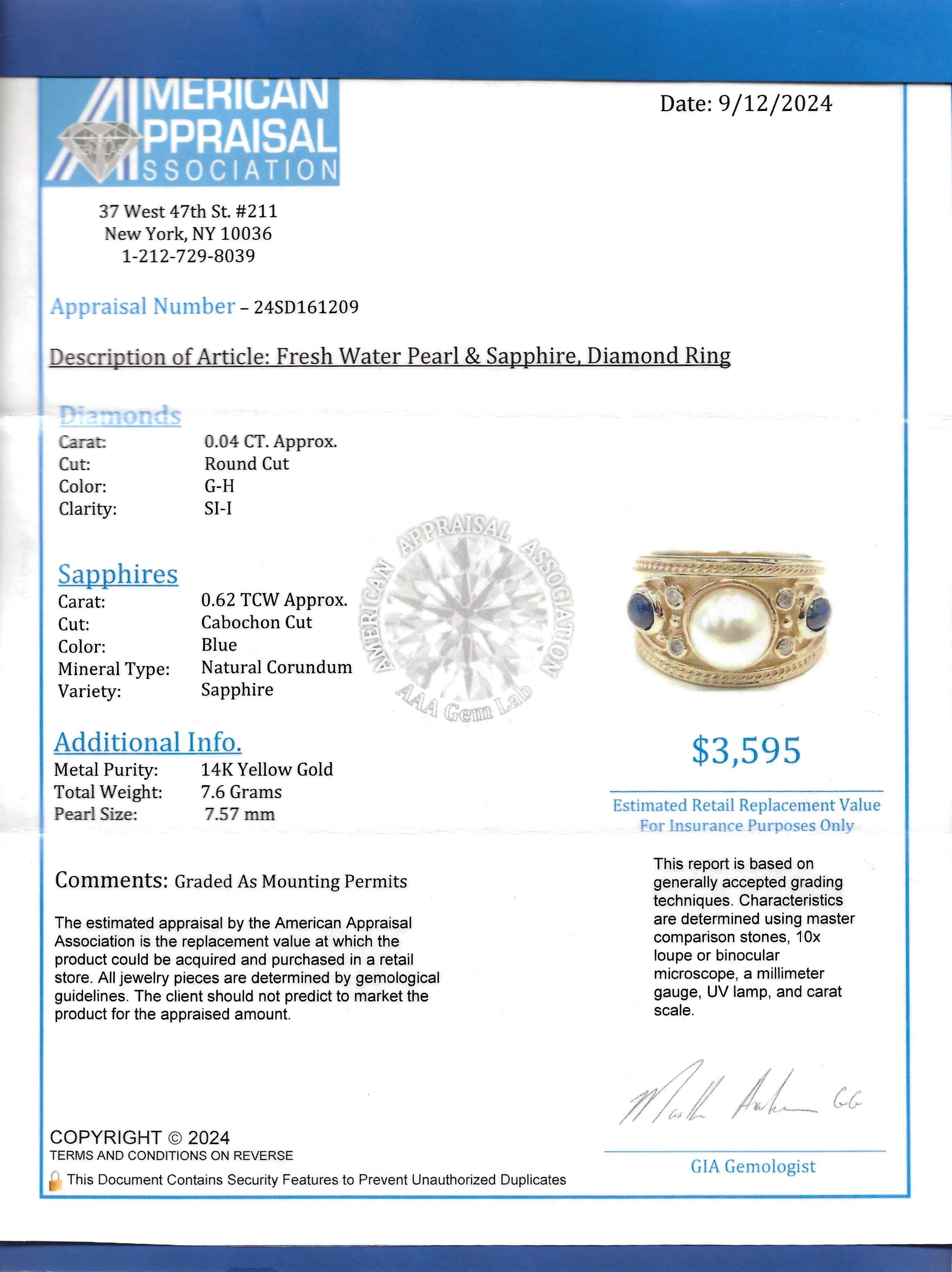 Bague en or 14 carats avec perles d'eau douce, saphirs bleus et diamants à grains multiples en vente 8