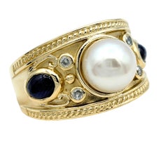 Fresh Water Pearl, Blue Sapphire & Diamond Milgrain Band Ring in 14 Karat Gold