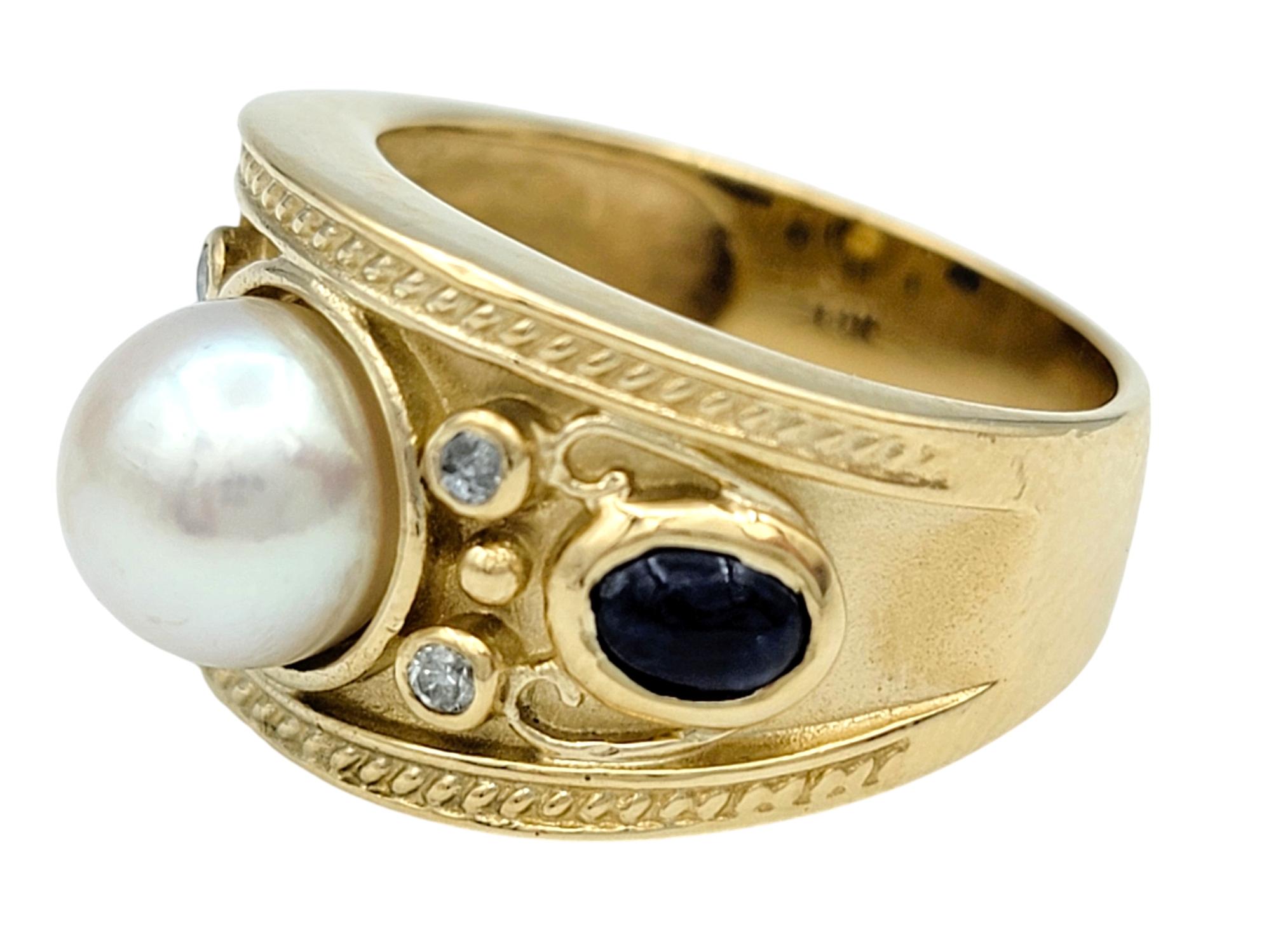 Bague en or 14 carats avec perles d'eau douce, saphirs bleus et diamants à grains multiples Bon état - En vente à Scottsdale, AZ