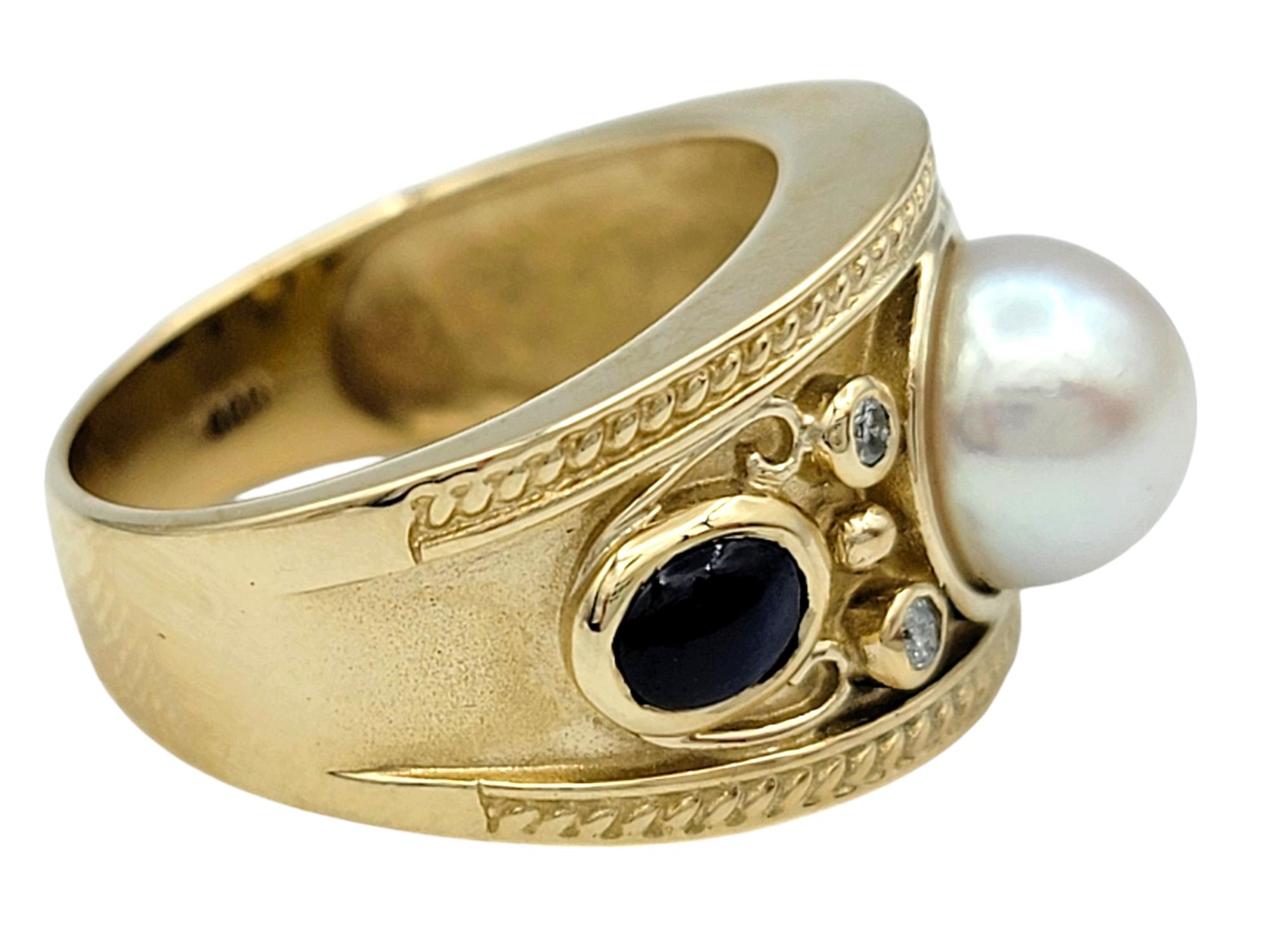Bague en or 14 carats avec perles d'eau douce, saphirs bleus et diamants à grains multiples Pour femmes en vente