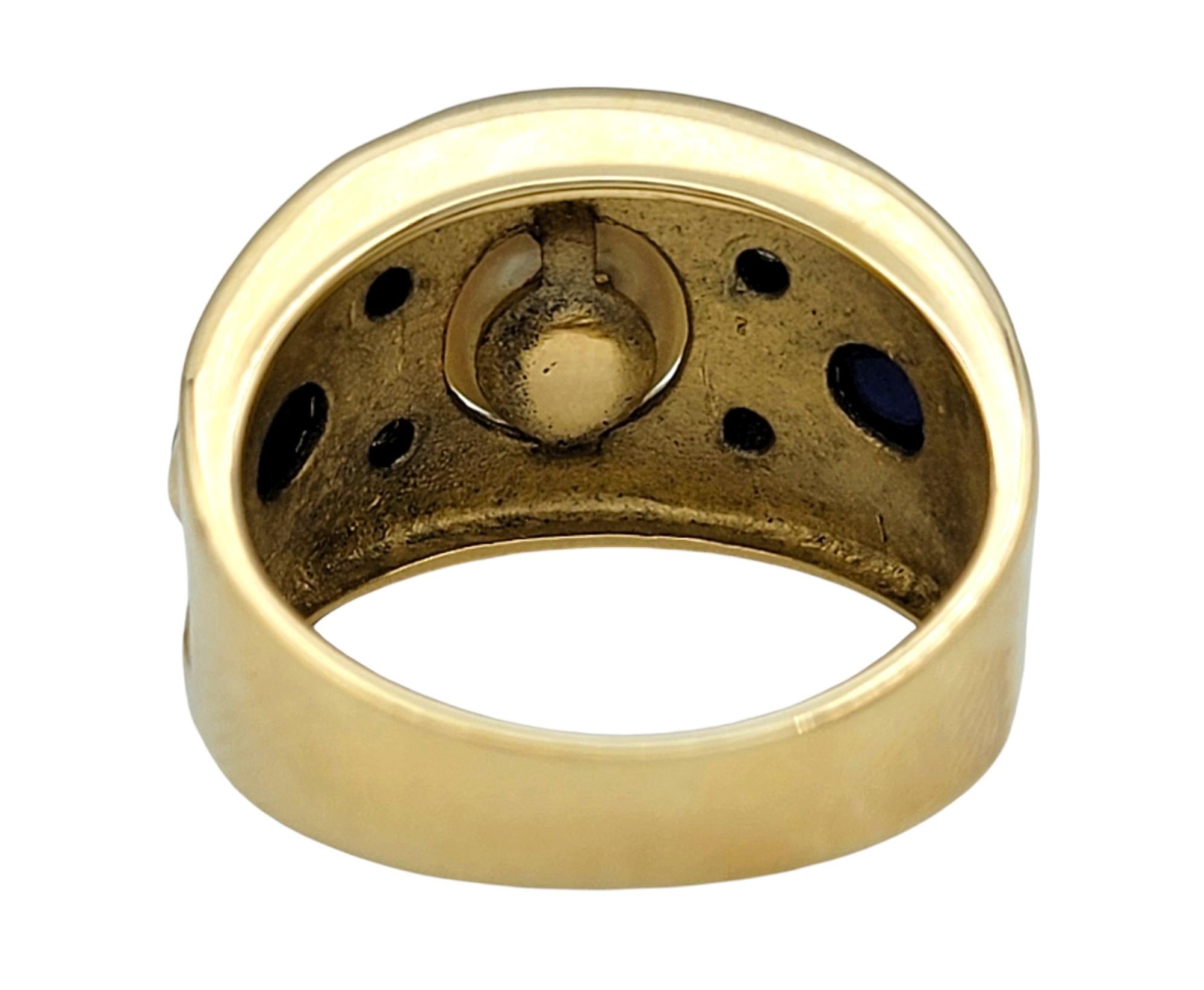 Bague en or 14 carats avec perles d'eau douce, saphirs bleus et diamants à grains multiples en vente 2