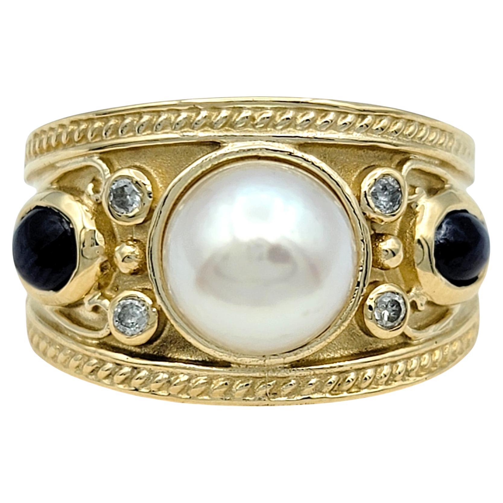 Fresh Water Pearl, Blue Sapphire & Diamond Milgrain Band Ring in 14 Karat Gold