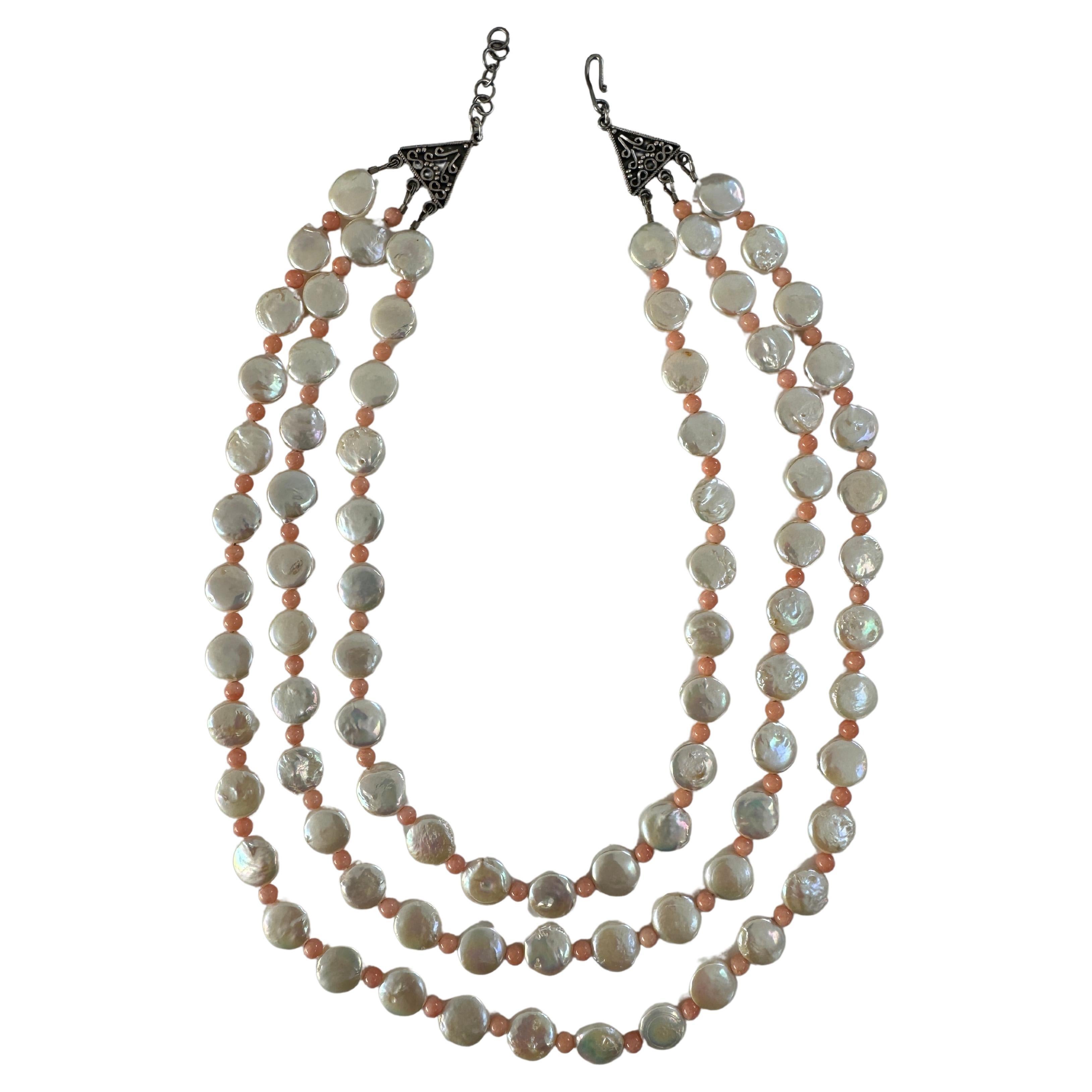 Freshwater White Pearl Coral Three Strand Necklace