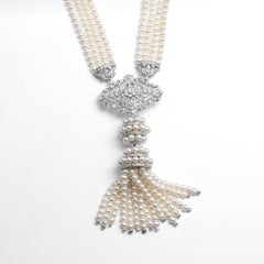 Fresh Water Pearl Diamond White Gold Long Sautoir Tassel Drop Necklace