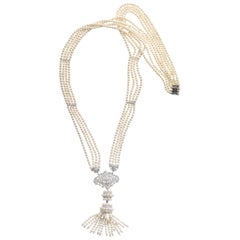 Fresh Water Pearl Diamond White Gold Long Sautoir Tassel Drop Necklace