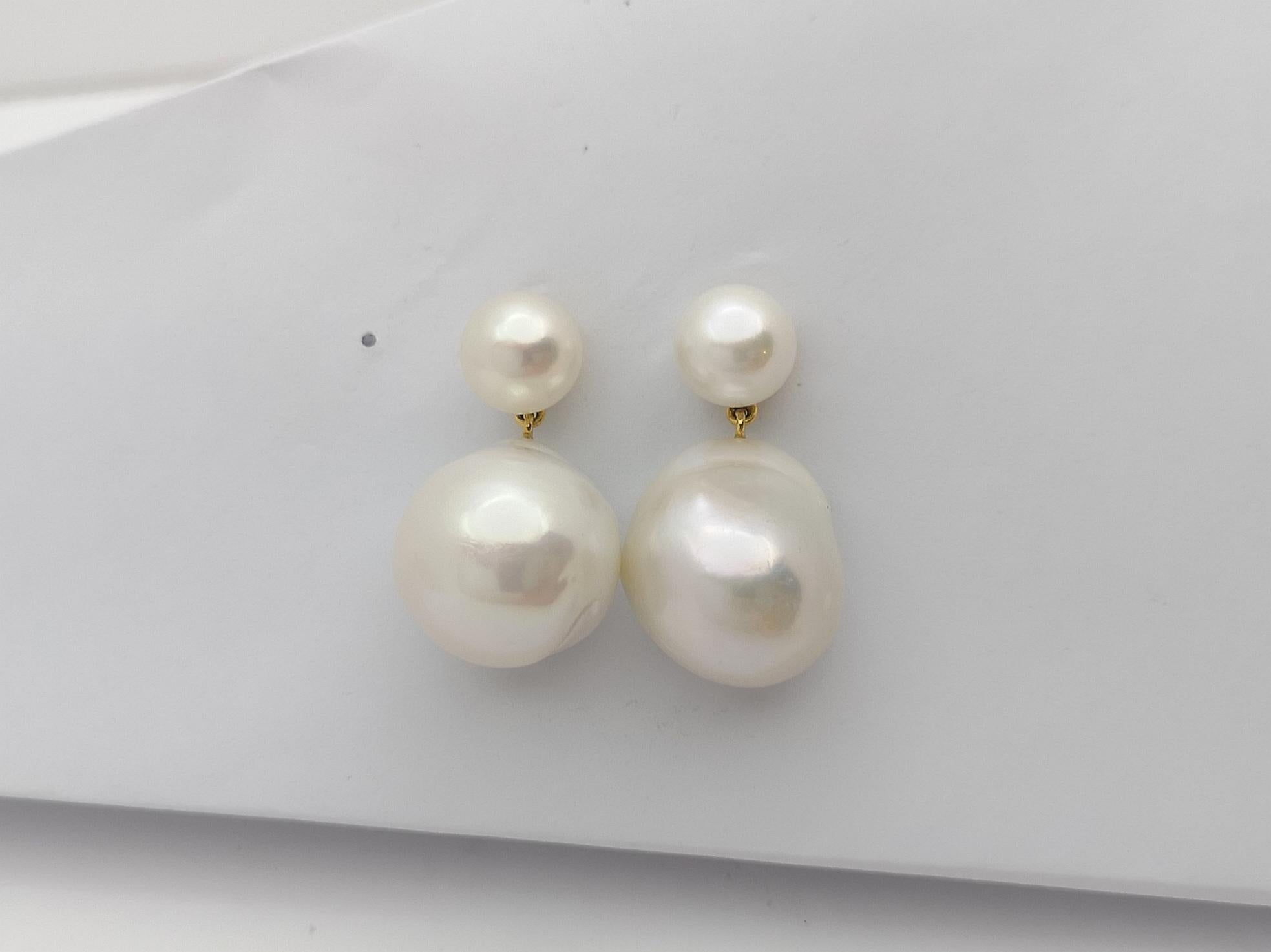 Uncut Fresh Water Pearl Earrings Set in 18 Karat Gold Settings For Sale