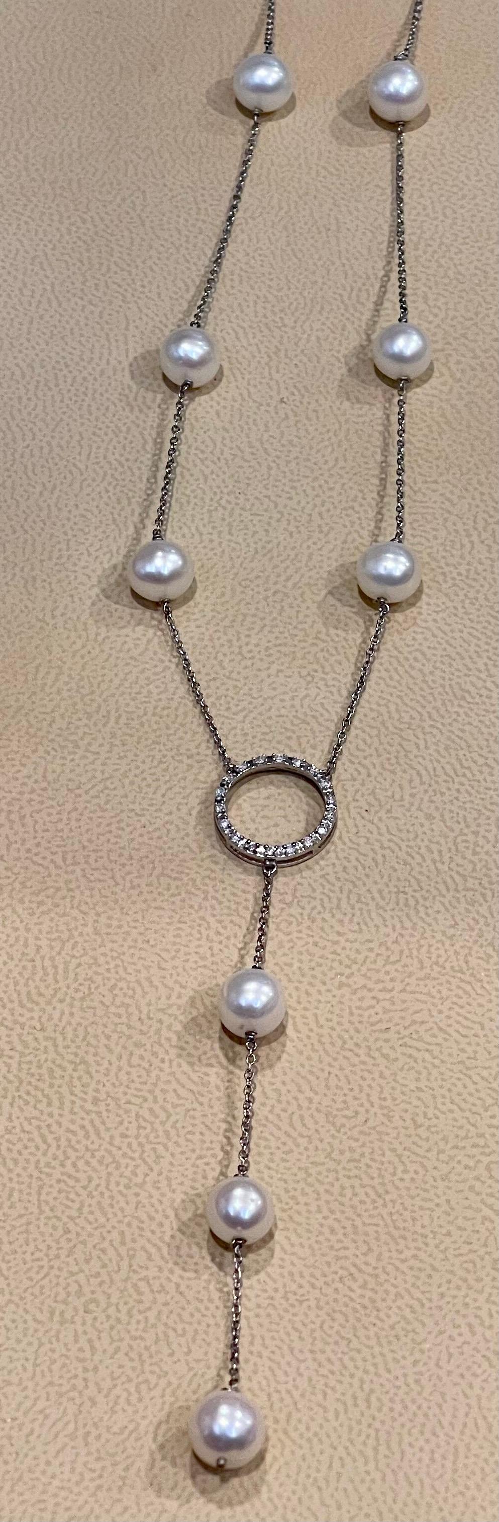 Fresh Water pearl  in Sterling Silver And Cubic Zirconia Y Shape Necklace, 22 