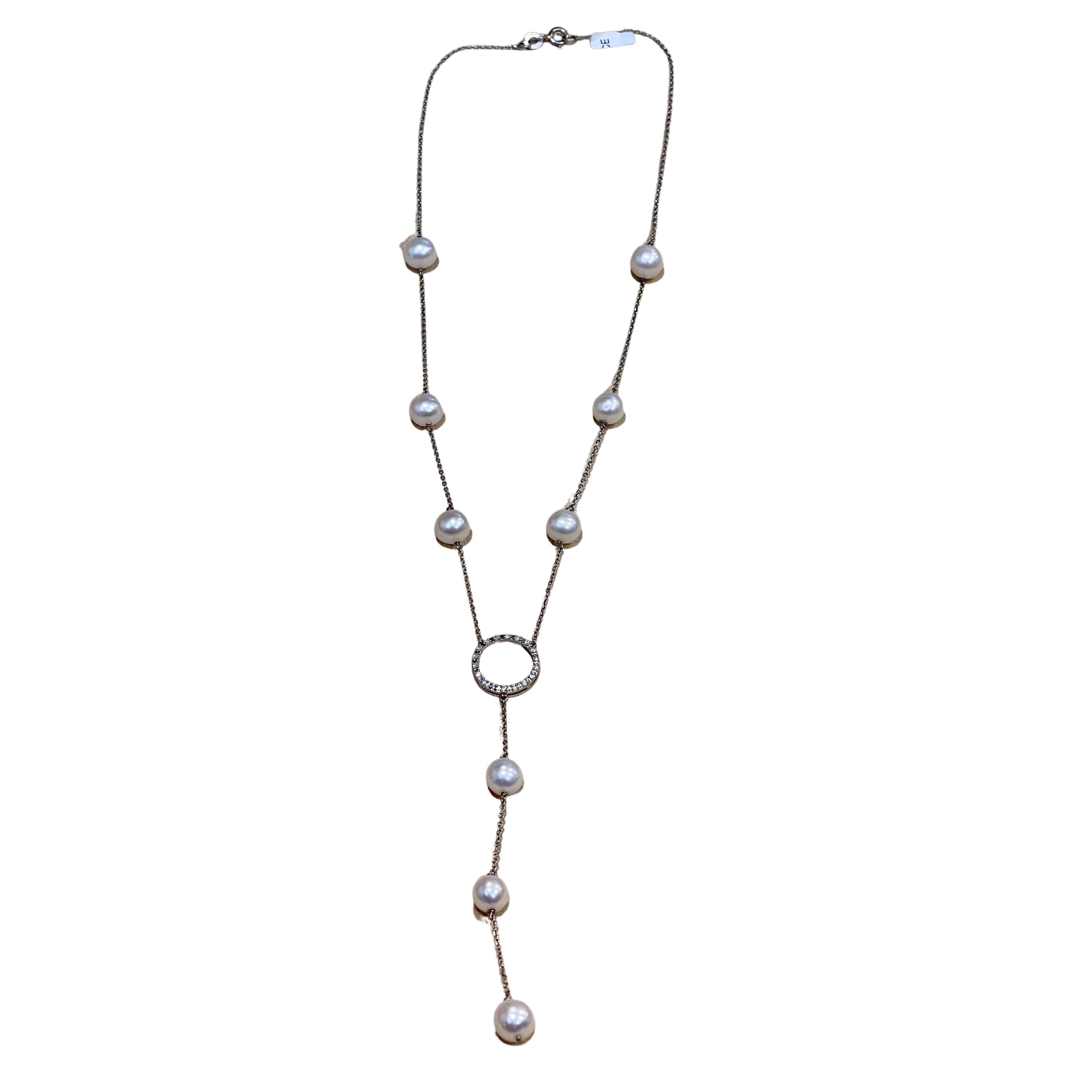 Fresh Water pearl  in Sterling Silver And Cubic Zirconia Y Shape Necklace, 22 "
