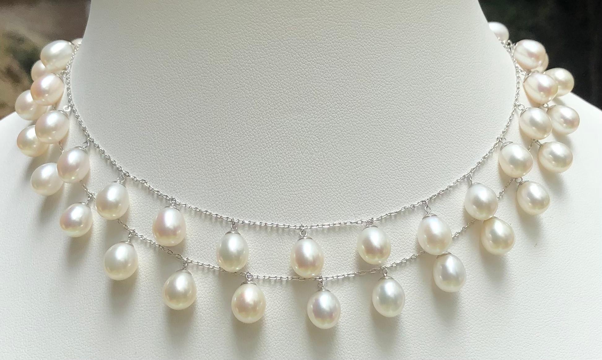 Uncut Fresh Water Pearl Necklace Set in 18 Karat White Gold Settings For Sale
