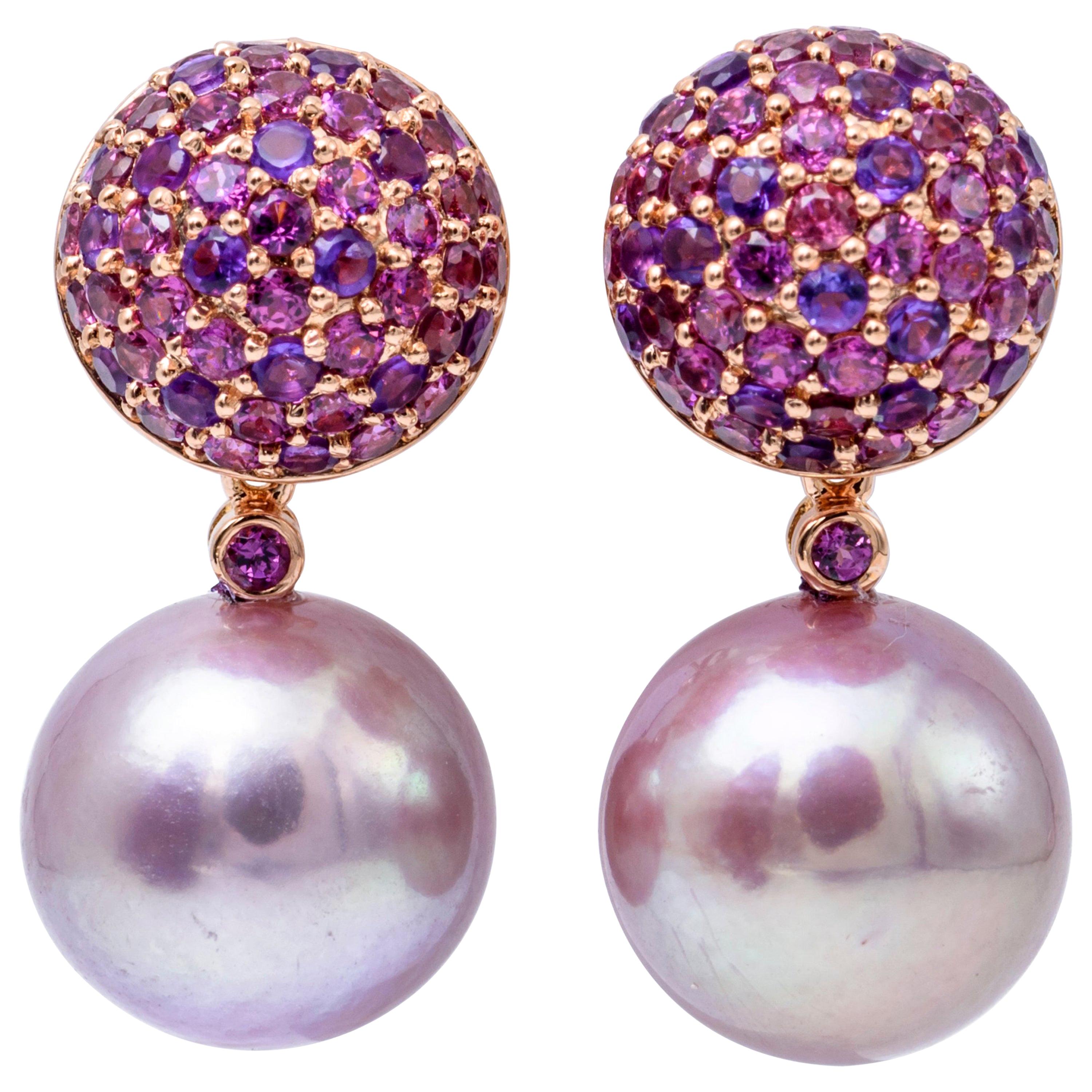 Fresh Water Pearl Rhodolite Amethyst Drop Earrings 2.80 Carat 18 Karat Rose Gold For Sale