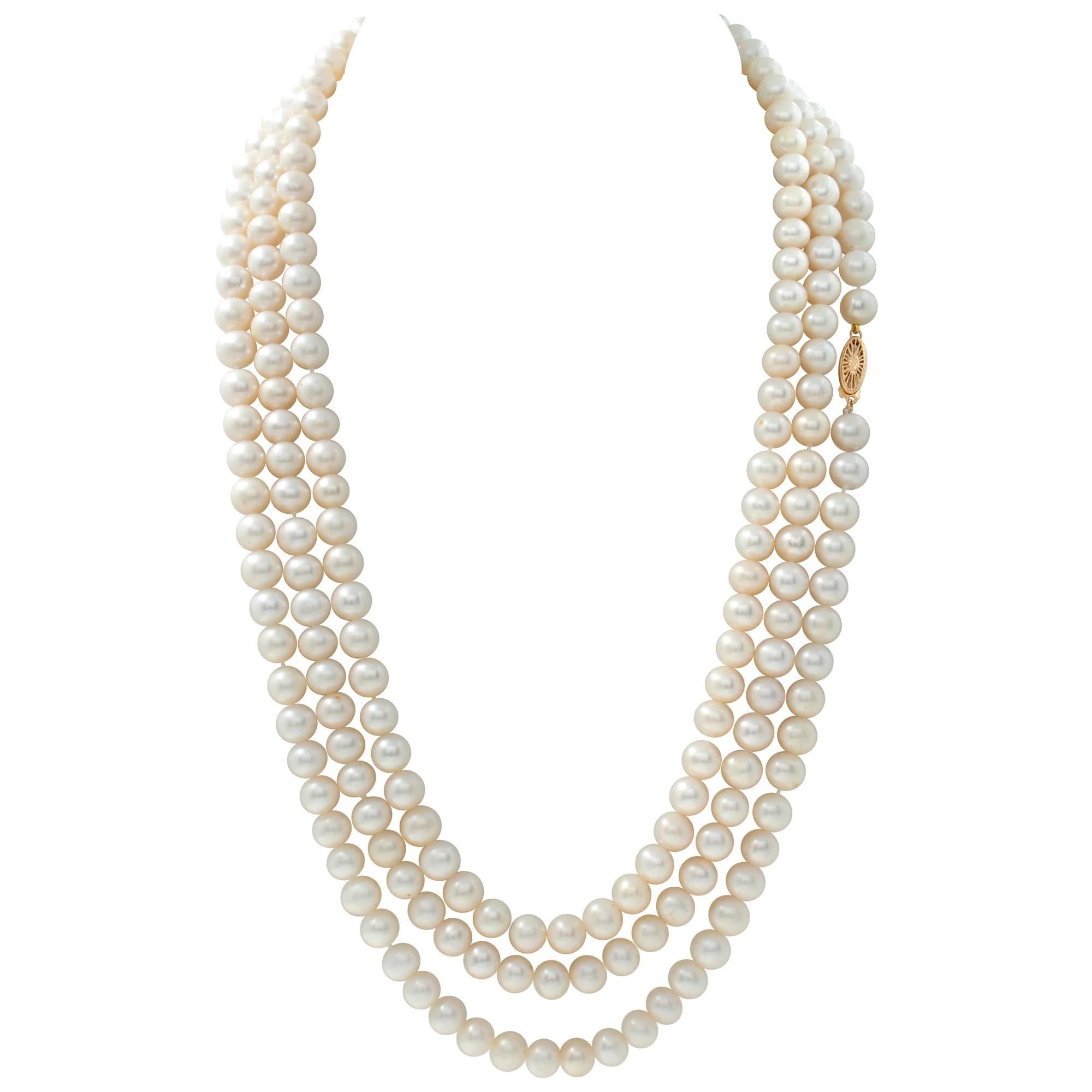 Fresh Water Pearl "Sautoir" 68 Inches Long Necklace, With A Yellow Gold Clasp For Sale