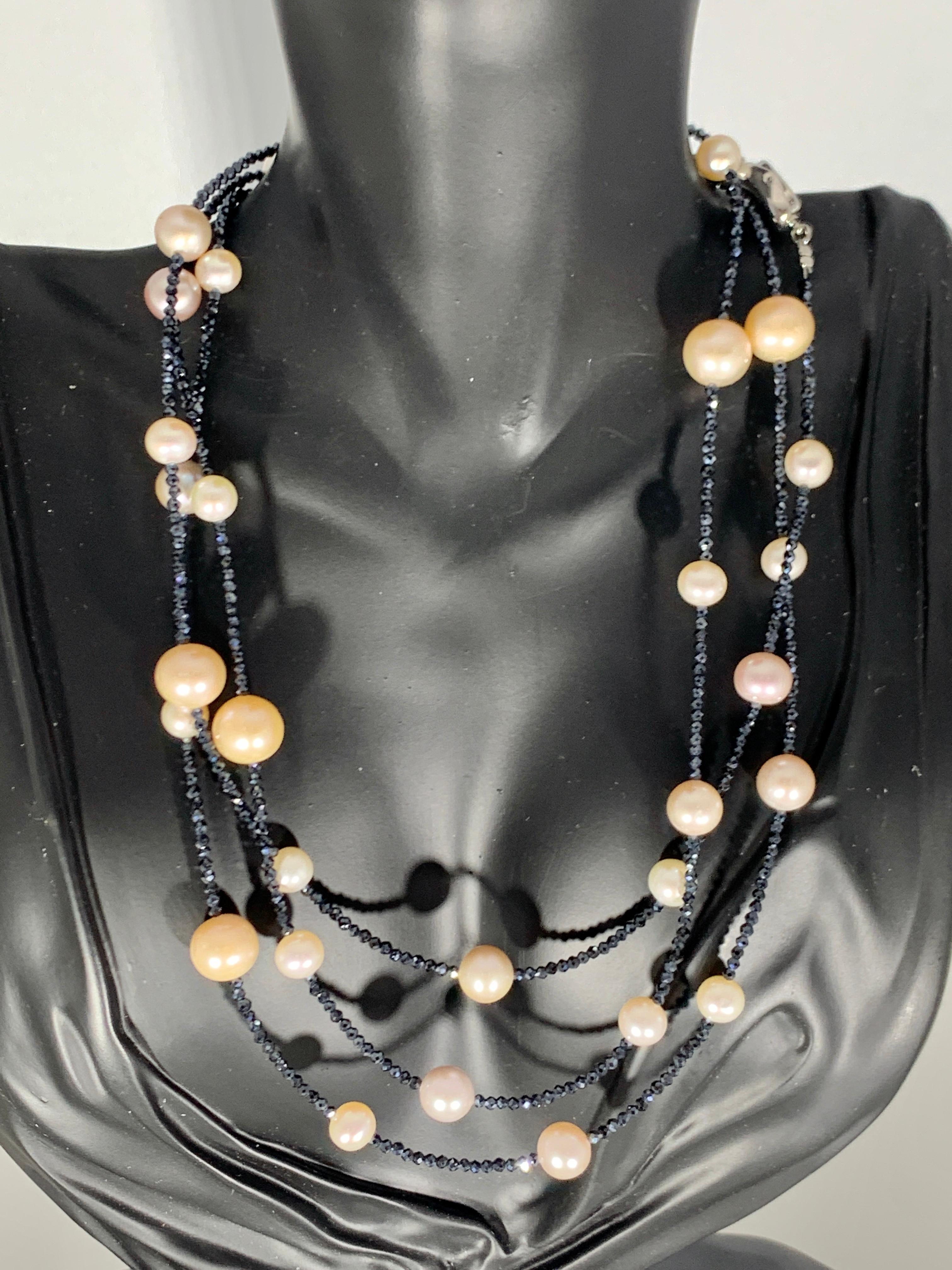 Fresh Water Pearl Single Strand Necklace with Black Spinel Opera Length 46 Inch For Sale 5
