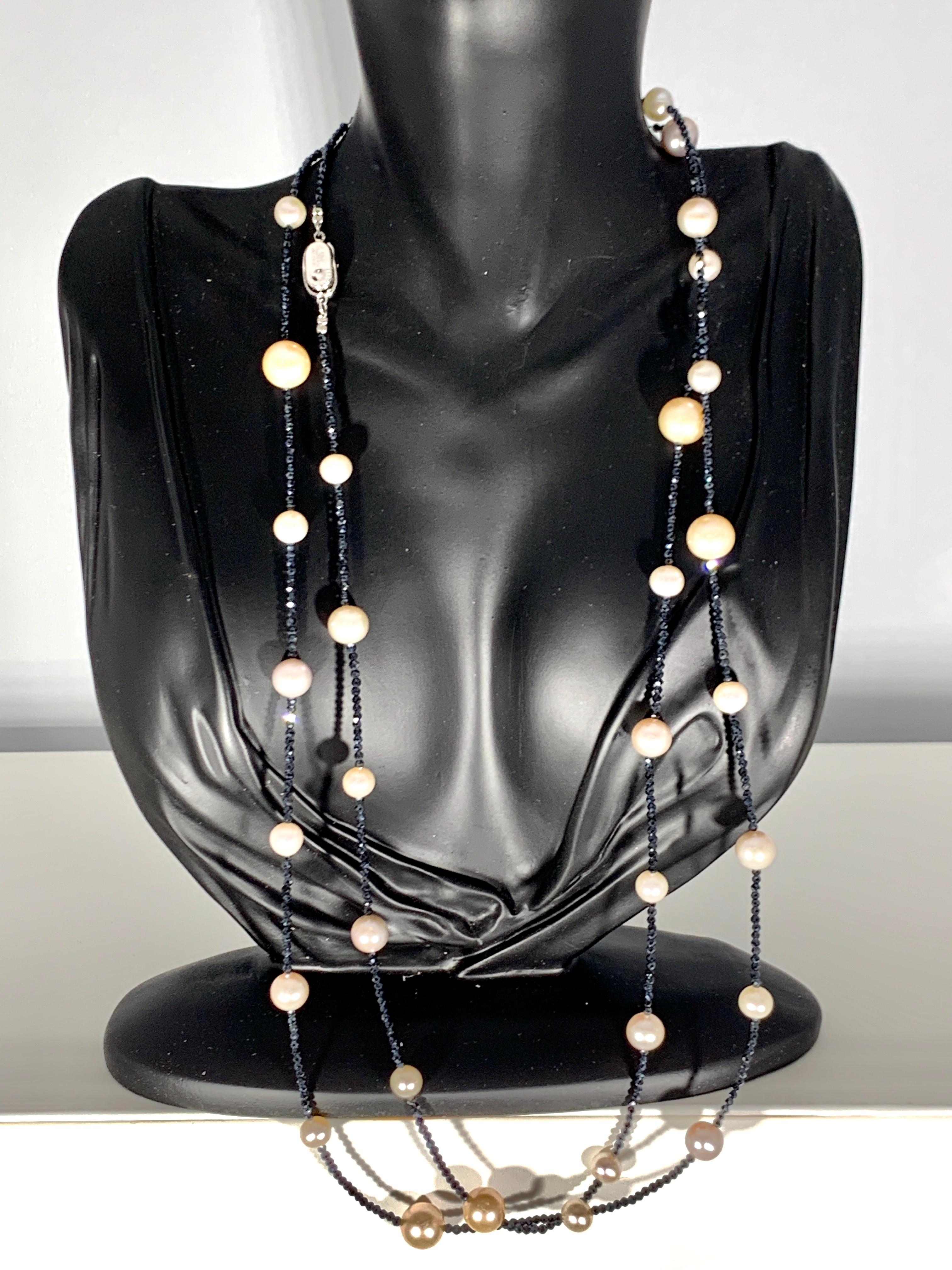 Fresh Water Pearl Single Strand Necklace with Black Spinel Opera Length 46 Inch For Sale 1